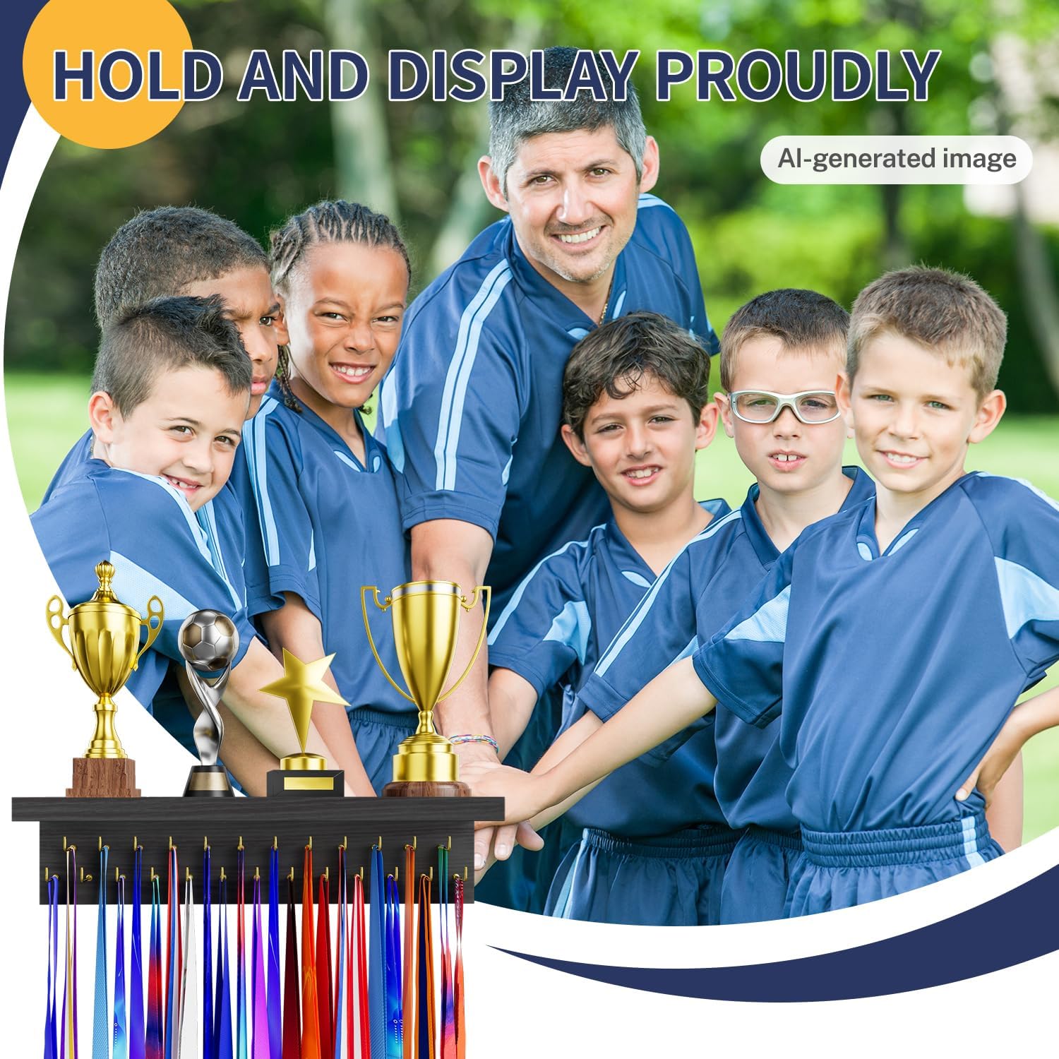 Thumbnail 3 de DSVENROLY Medal Hanger Wooden Display Shelf with 25 Steel Hooks