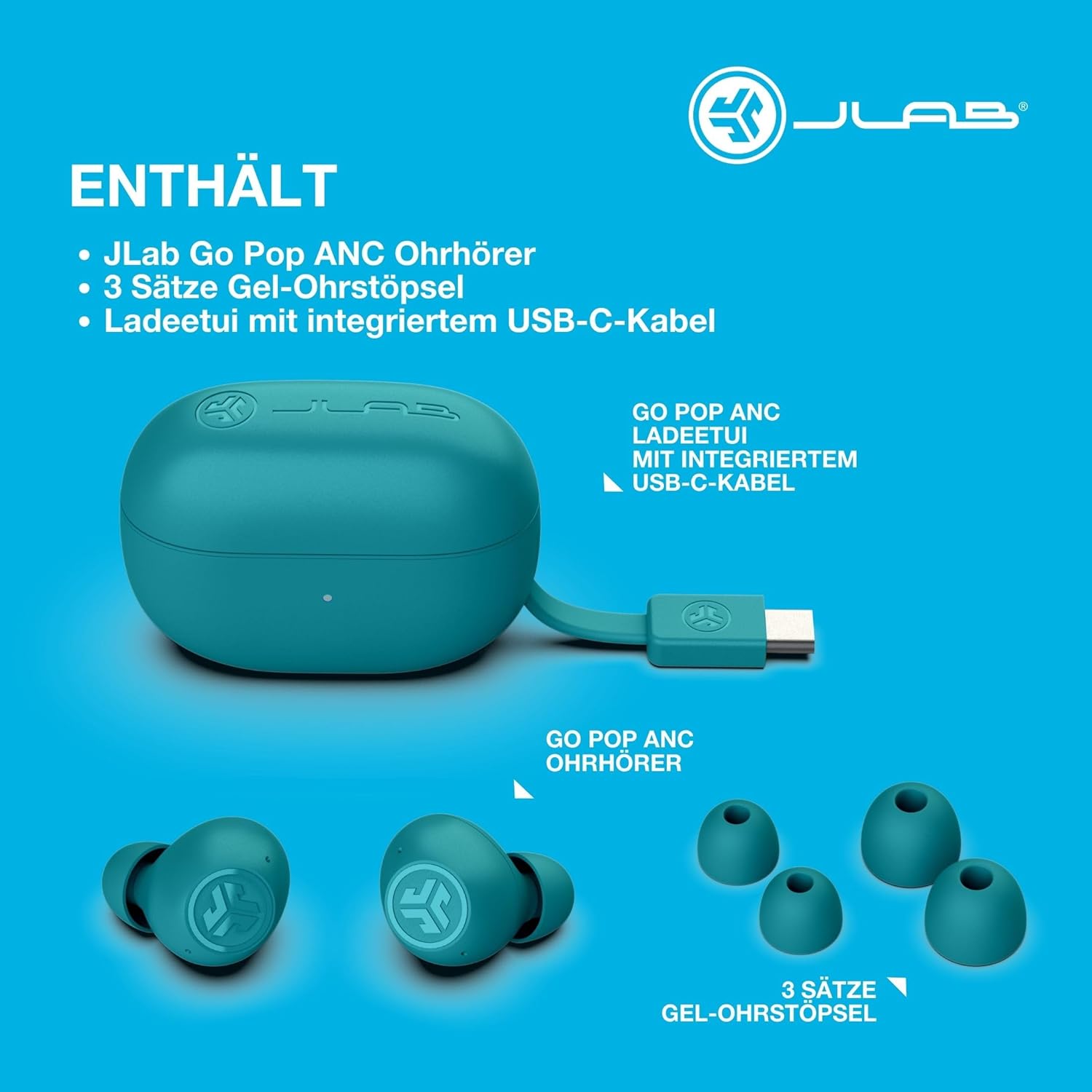 Thumbnail 5 de JLab Go Pop ANC In Ear Kopfhörer – True Wireless mit ANC, Multipunkt und IP55 in Blaugrün