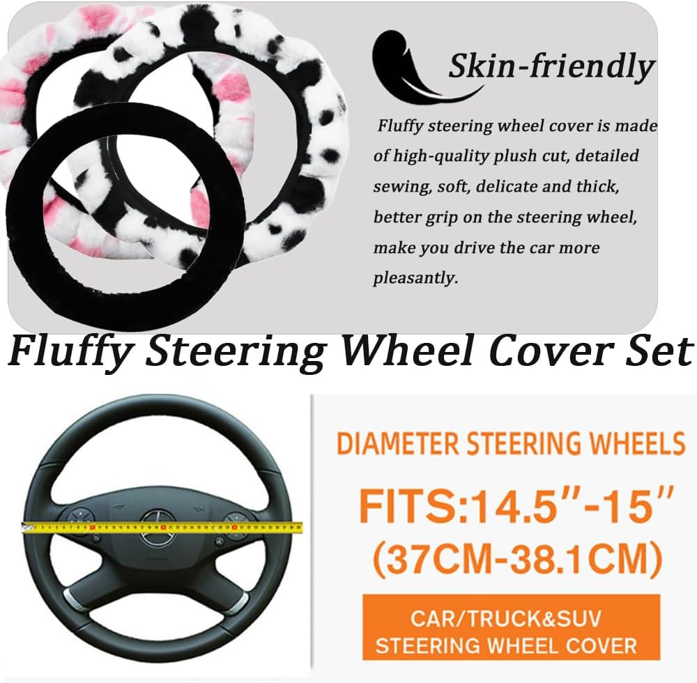 Detalle 2 de 3Pcs Fluffy Cow Print Steering Wheel Covers – Winter Warm Plush Set (37–38cm)
