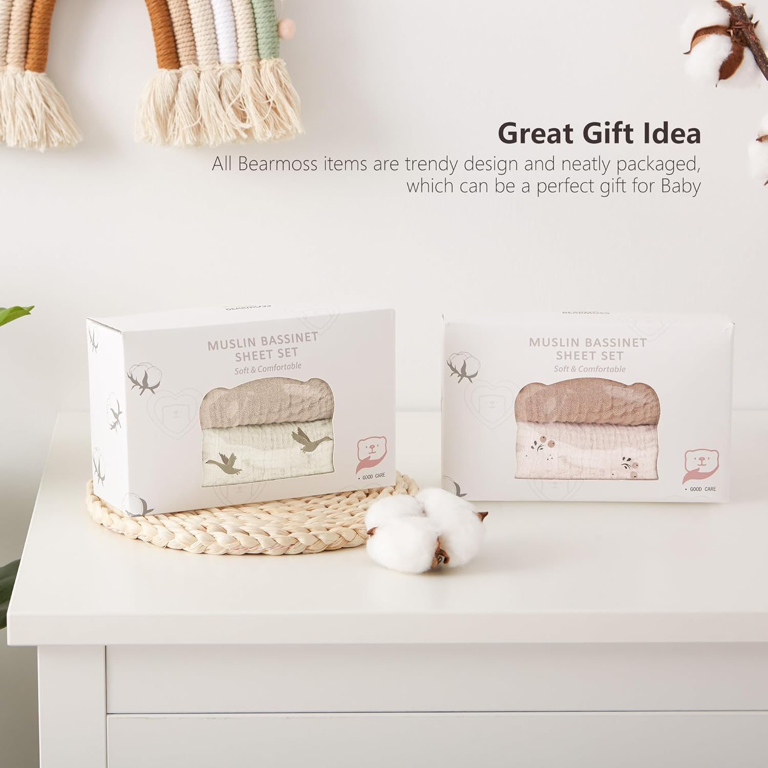 Thumbnail 1 de Muslin Moses Basket Sheets 2 Pack (100% Cotton) Next to Me Crib/Fitted Bassinet Sheets – 83x43cm