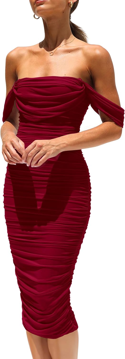 Detalle de PRETTYGARDEN Summer Off the Shoulder Ruched Midi Dress