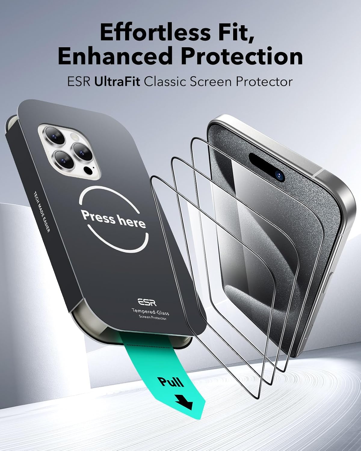 Detalle de ESR Pellicola Vetro Temperato per iPhone 15 Pro UltraFit – Protezione militare 9H, set da 3