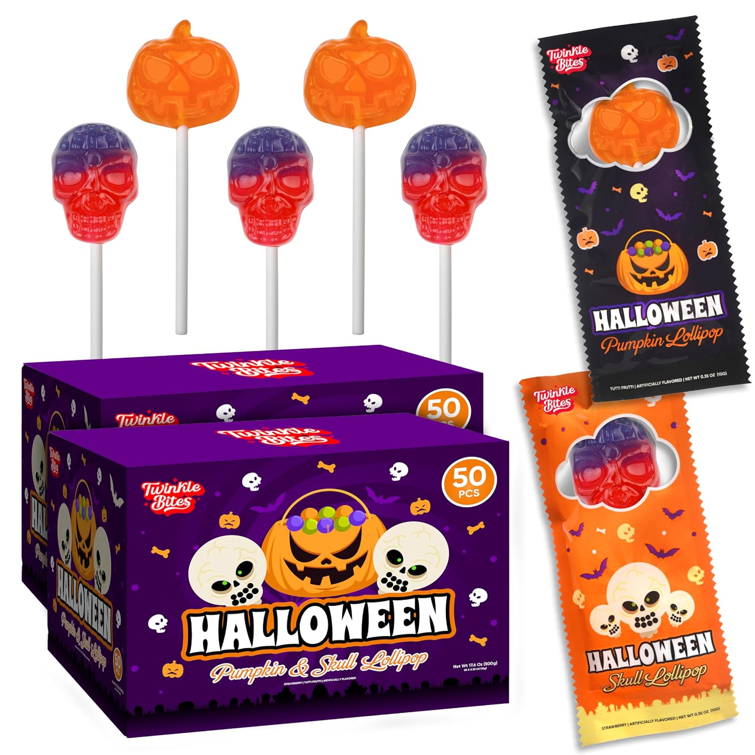 Detalle de Twinkle Bites Halloween Lollipops, 100-Pack, Wrapped Pumpkin & Skull Designs
