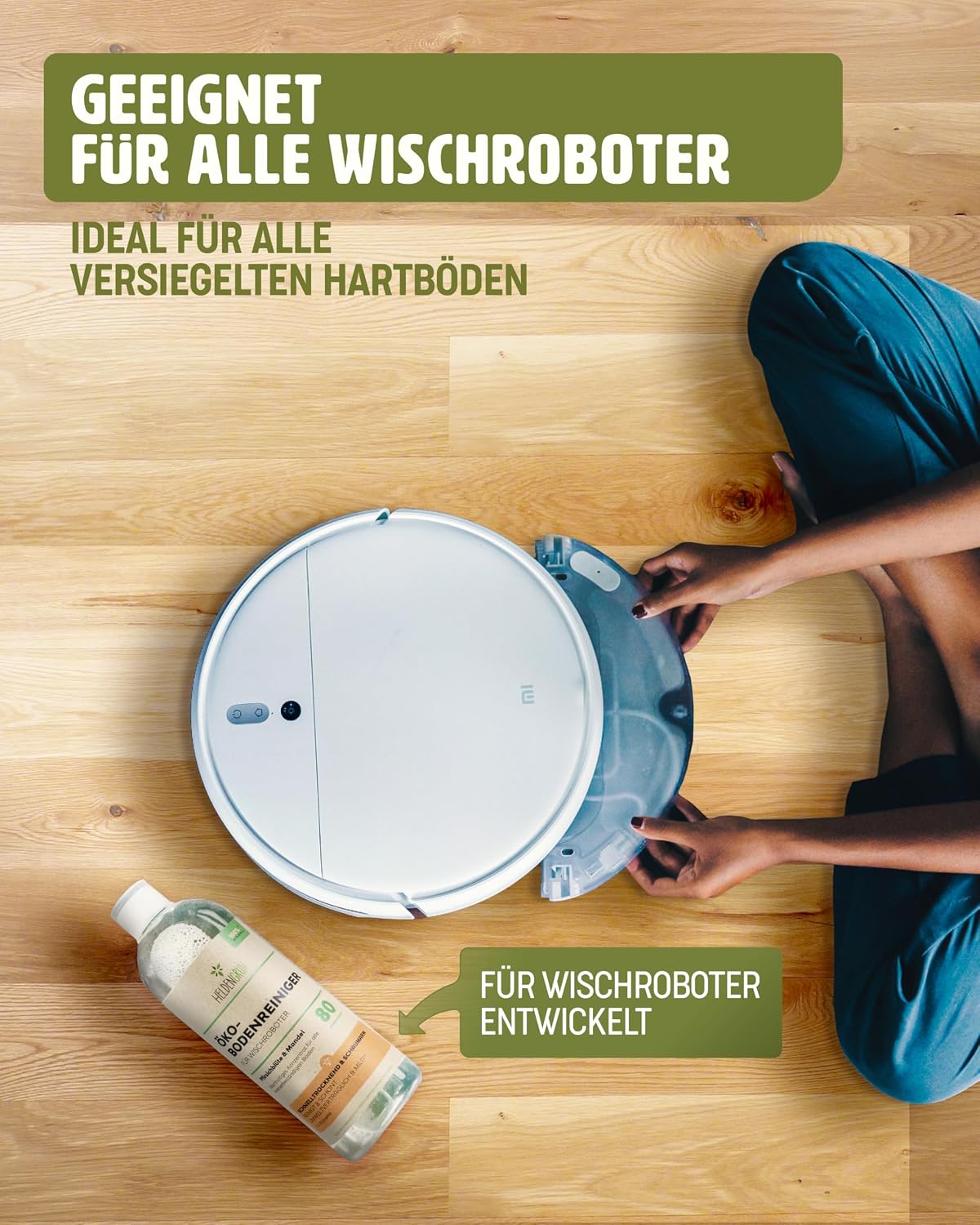 Detalle de Heldengrün® Öko Bodenreiniger für Wischroboter Pfirsichblüte & Mandel – streifenfrei, schnelltrocknend & schaumarm