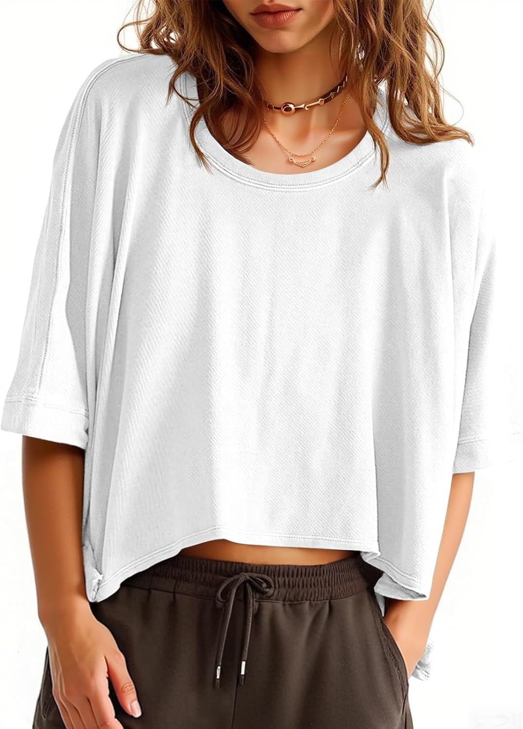 Detalle de Tankaneo Women's Oversized Cropped T-Shirts – Lightweight, Flowy Casual Tee