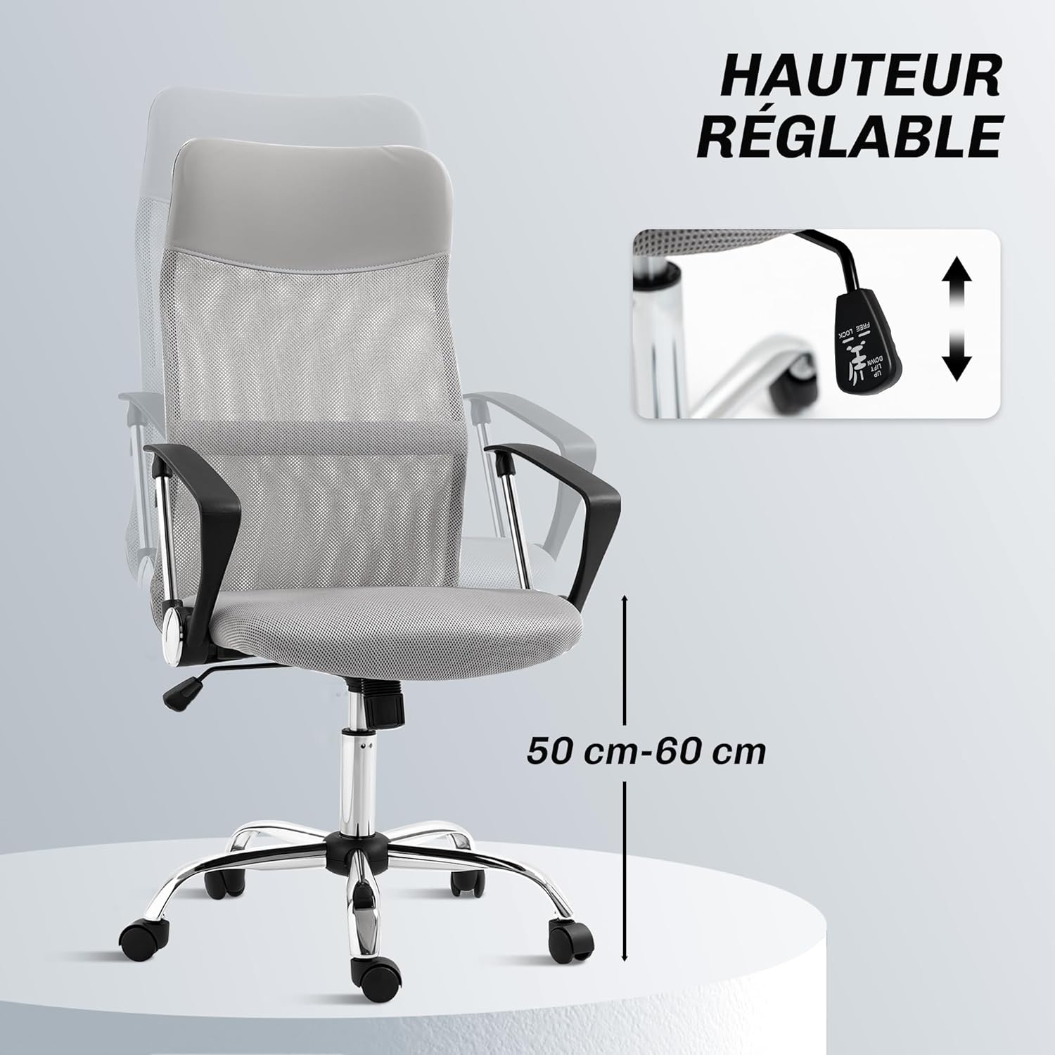 Thumbnail 3 de HOMCOM Fauteuil de bureau manager grand confort avec dossier ergonomique, assise réglable et pivotante (tissu maille gris)