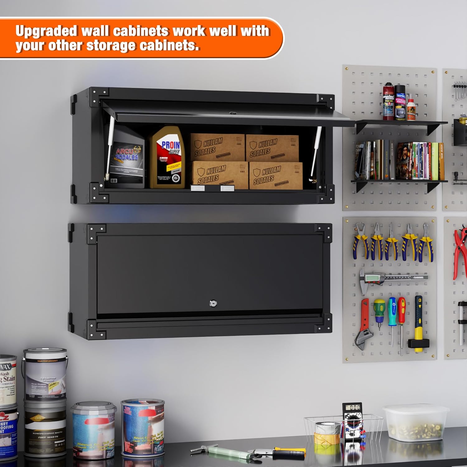 Detalle 2 de SUPEER Hängeschrank aus Metall mit abschließbarer Klapptür (Edelstahloptik), H38,6 × B80 × T30 cm, schwarz