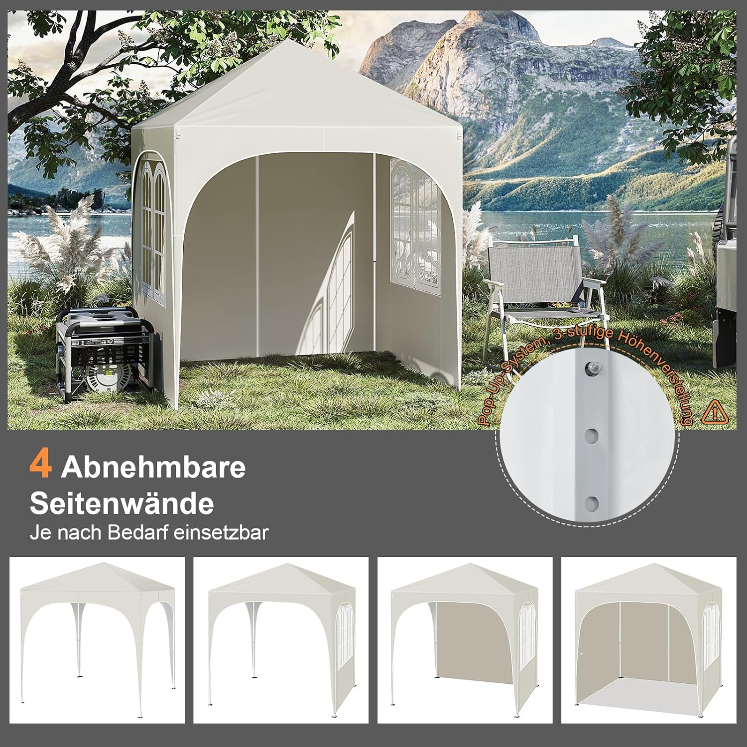 Detalle de WOLTU Klappbarer Pavillon 2x2 m mit 4 abnehmbaren Wänden – UPF 50+ Sonnenschutz, windstabiles Metallgestell, 3-stufig höhenverstellbar