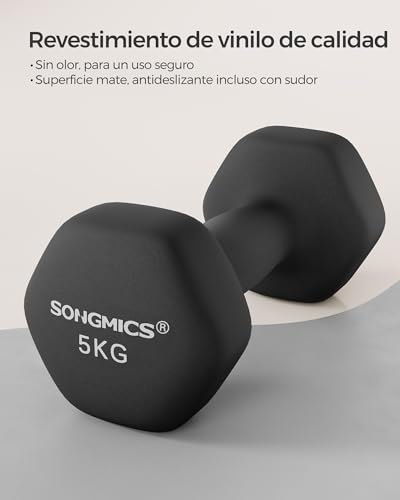 Detalle de SONGMICS Mancuernas Hexagonales 5 kg (2 x 5 kg) con recubrimiento PVC y agarre antideslizante