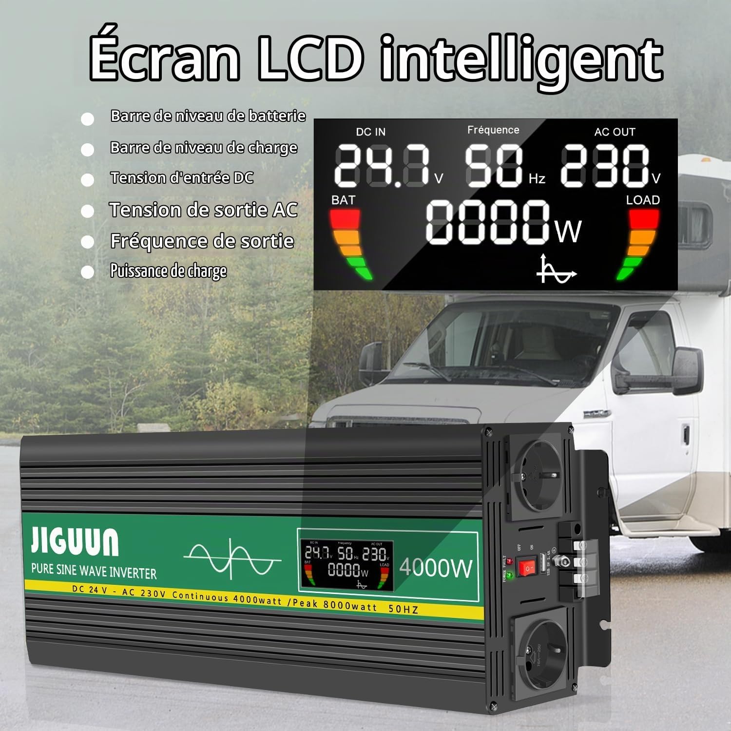 Detalle de JIGUUN 4000W24V omvormer 24 V met zuivere sinus, 8000 W piekvermogen en lcd
