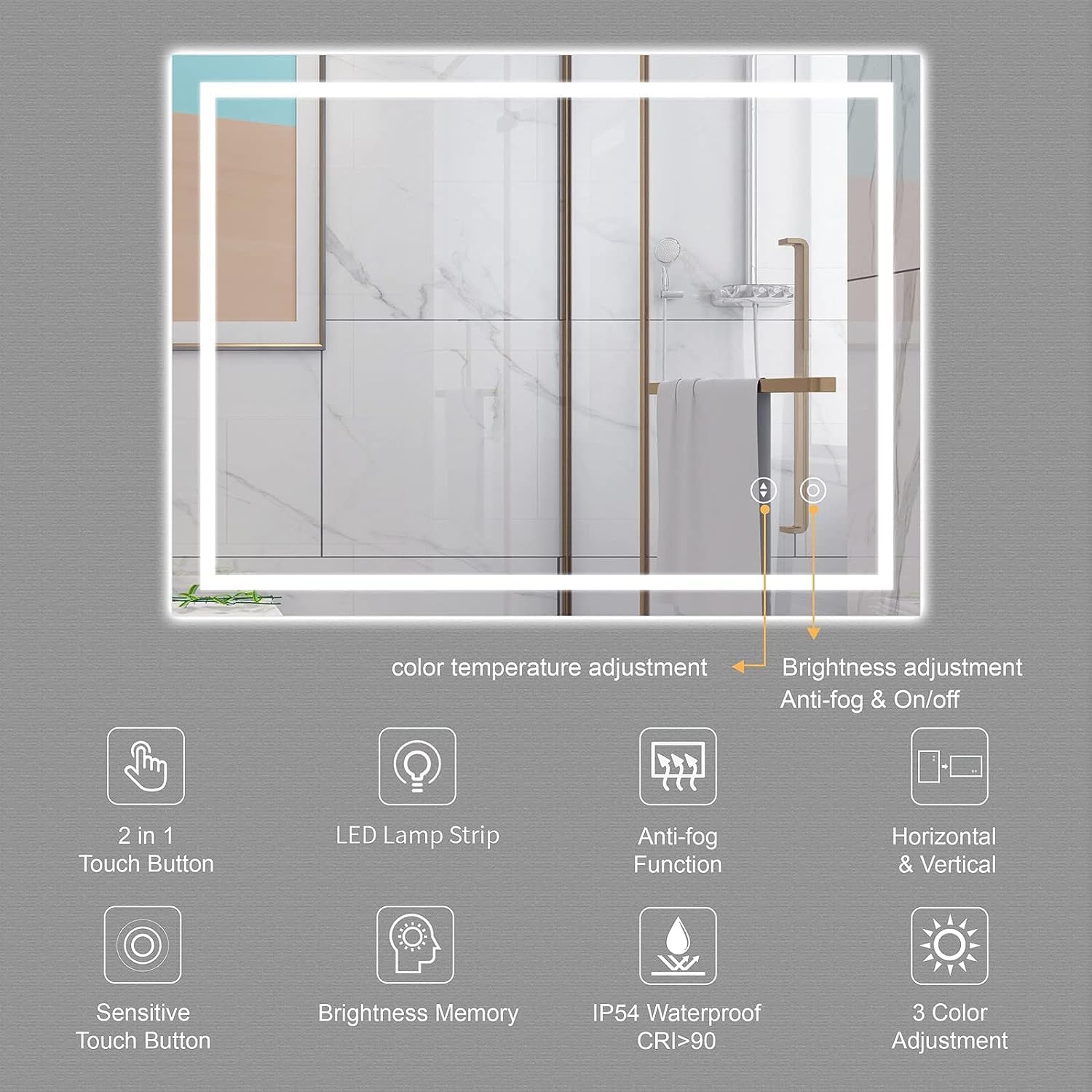 Detalle 2 de Dripex Specchio Bagno con Luce 50x70 cm LED – Antinebbia, 3 Temperature di Colore e Interruttore touch