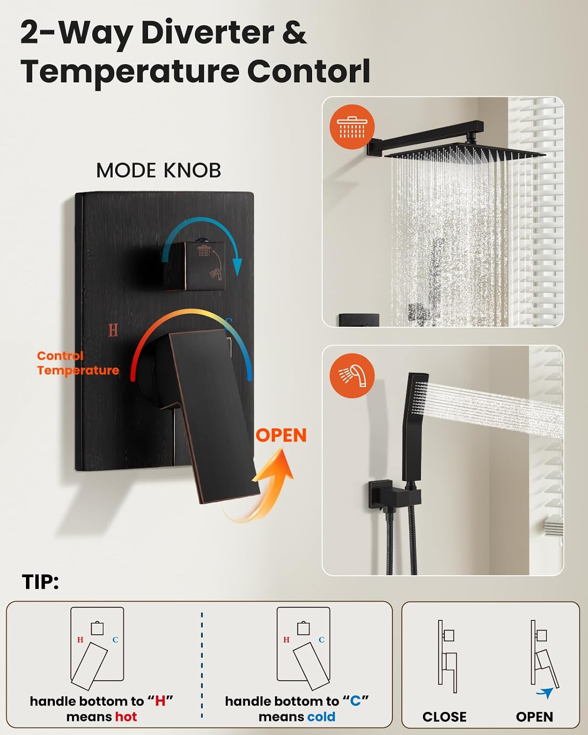 Detalle 2 de gotonovo Shower Faucet Set with 12-Inch Rain Head, Handheld Sprayer, Oil-Rubbed Bronze