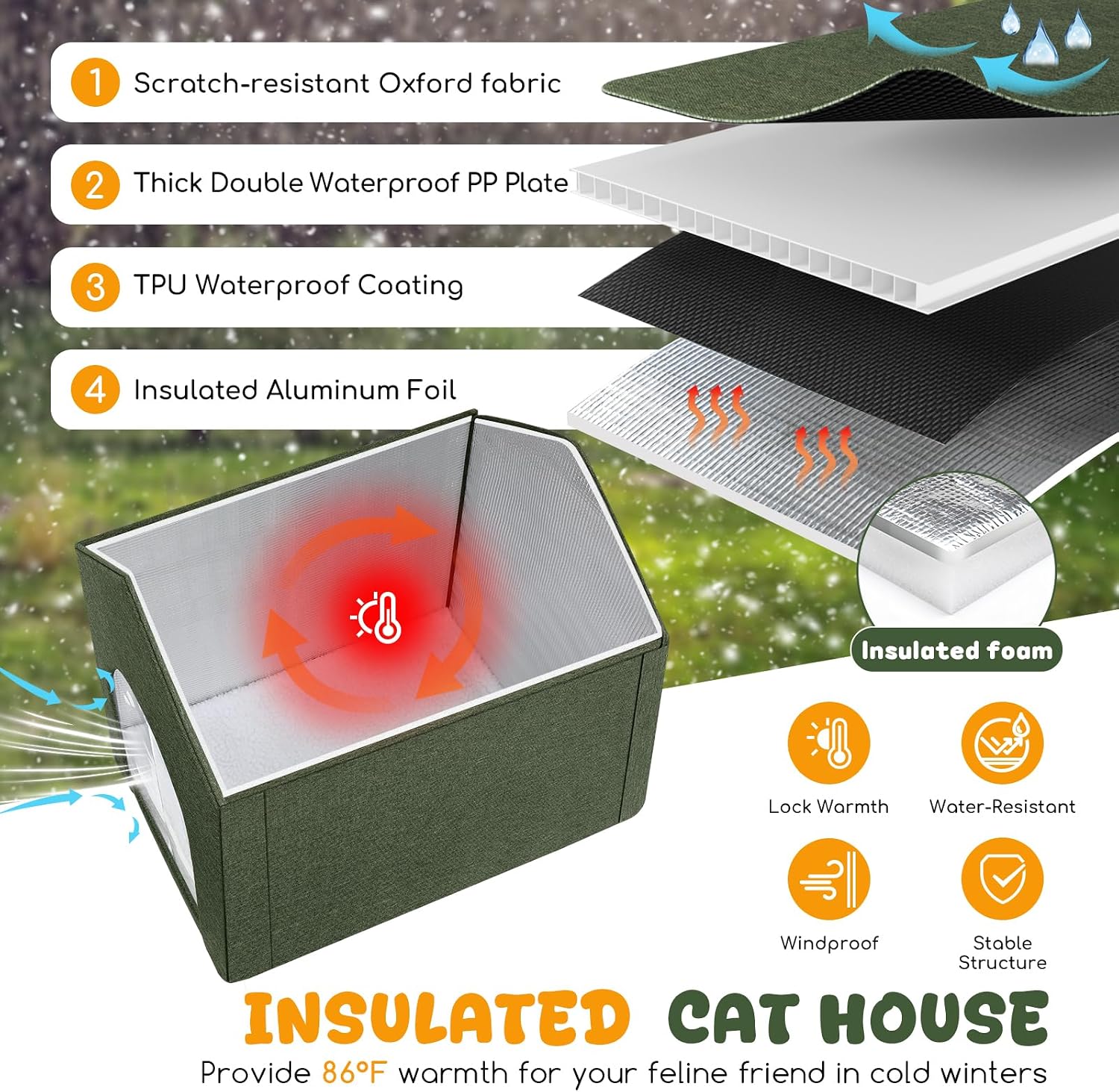 Detalle de Fecuria outdoorcathouse Insulated Outdoor Cat House, Green, Waterproof Oxford Fabric