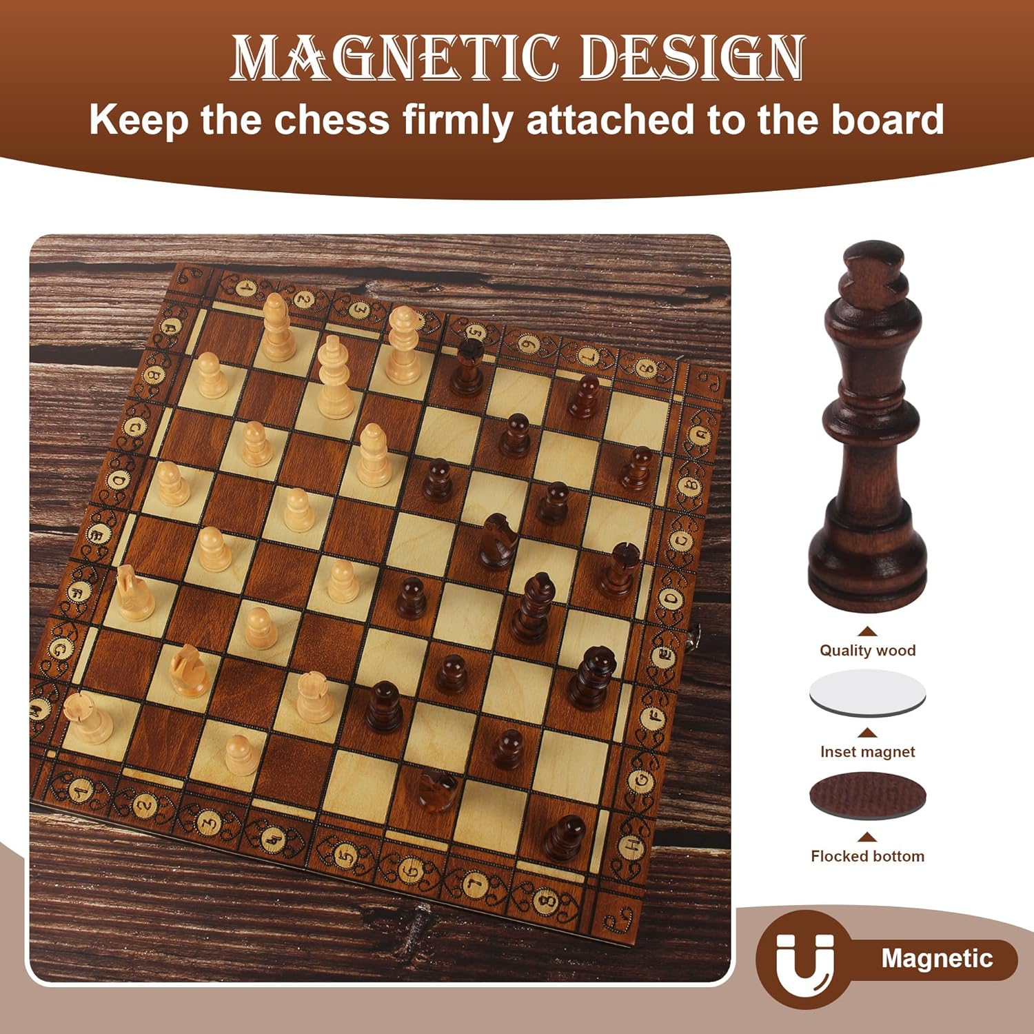 Thumbnail 3 de Nuangoo Scacchiera in Legno 34x34 cm 3‑in‑1