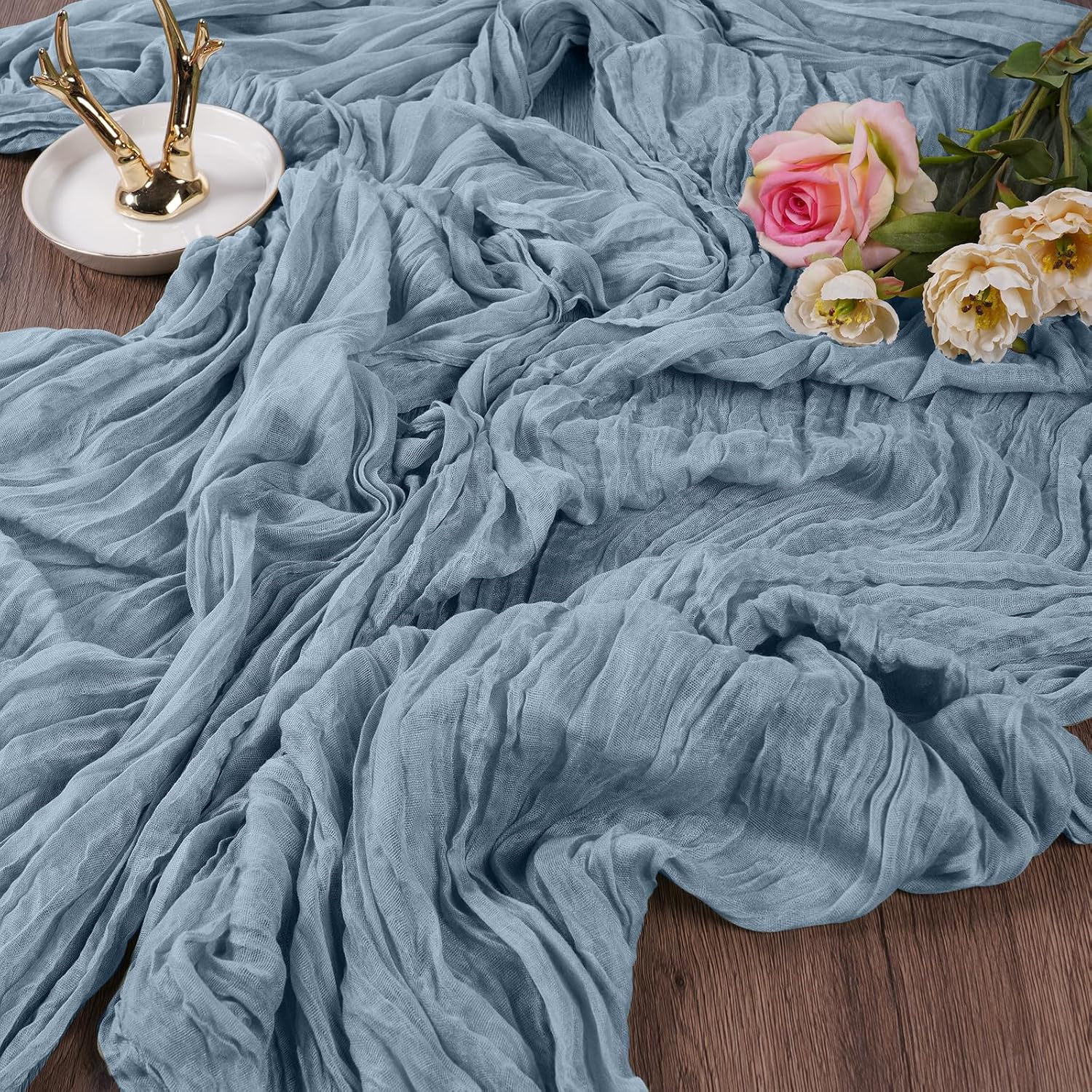 Detalle de AUAUY gasvävsbordslöpare, 2-pack i gråblå polyester, 90 × 300 cm