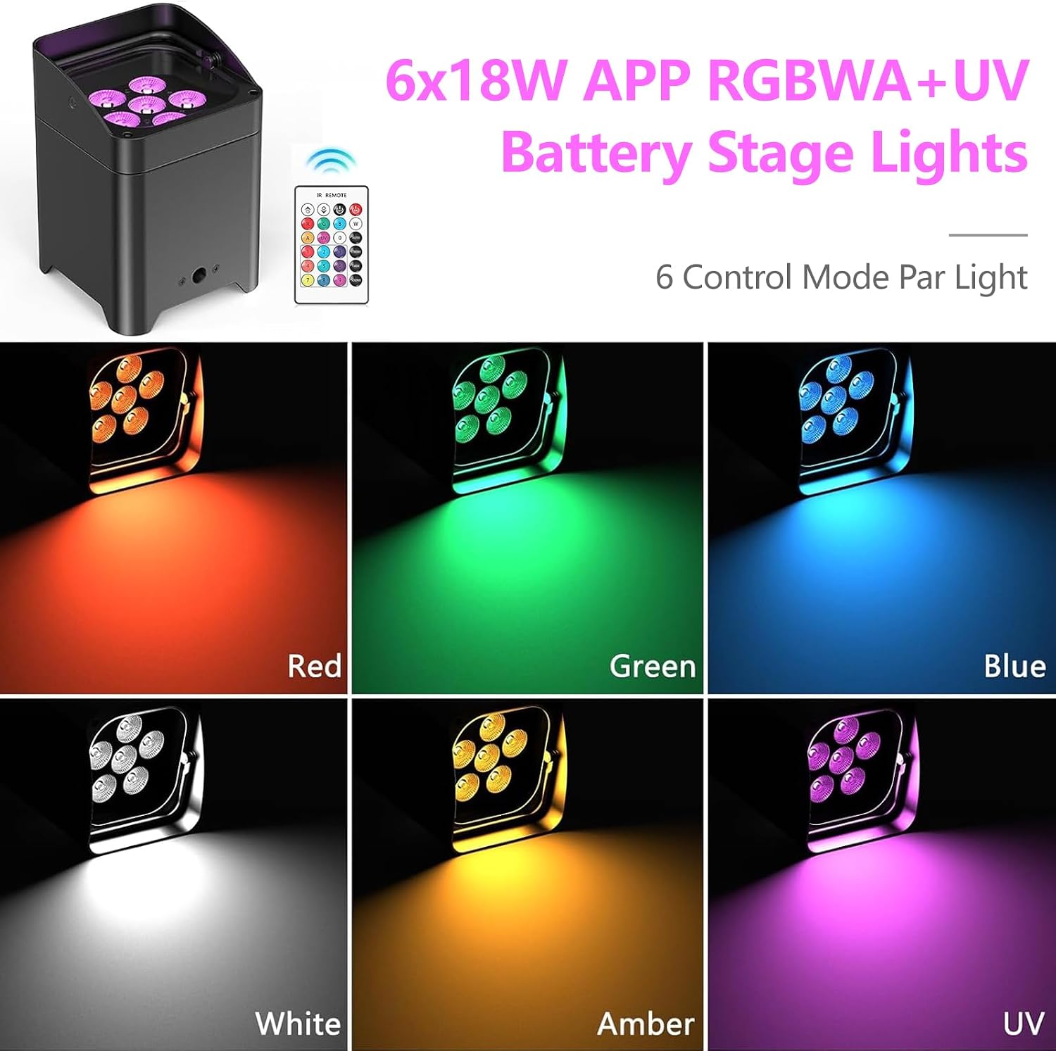 Detalle de ZEMOJ ZQ01528 Rechargeable 6-in-1 RGBWAUV LED Stage Uplights, 2-Pack
