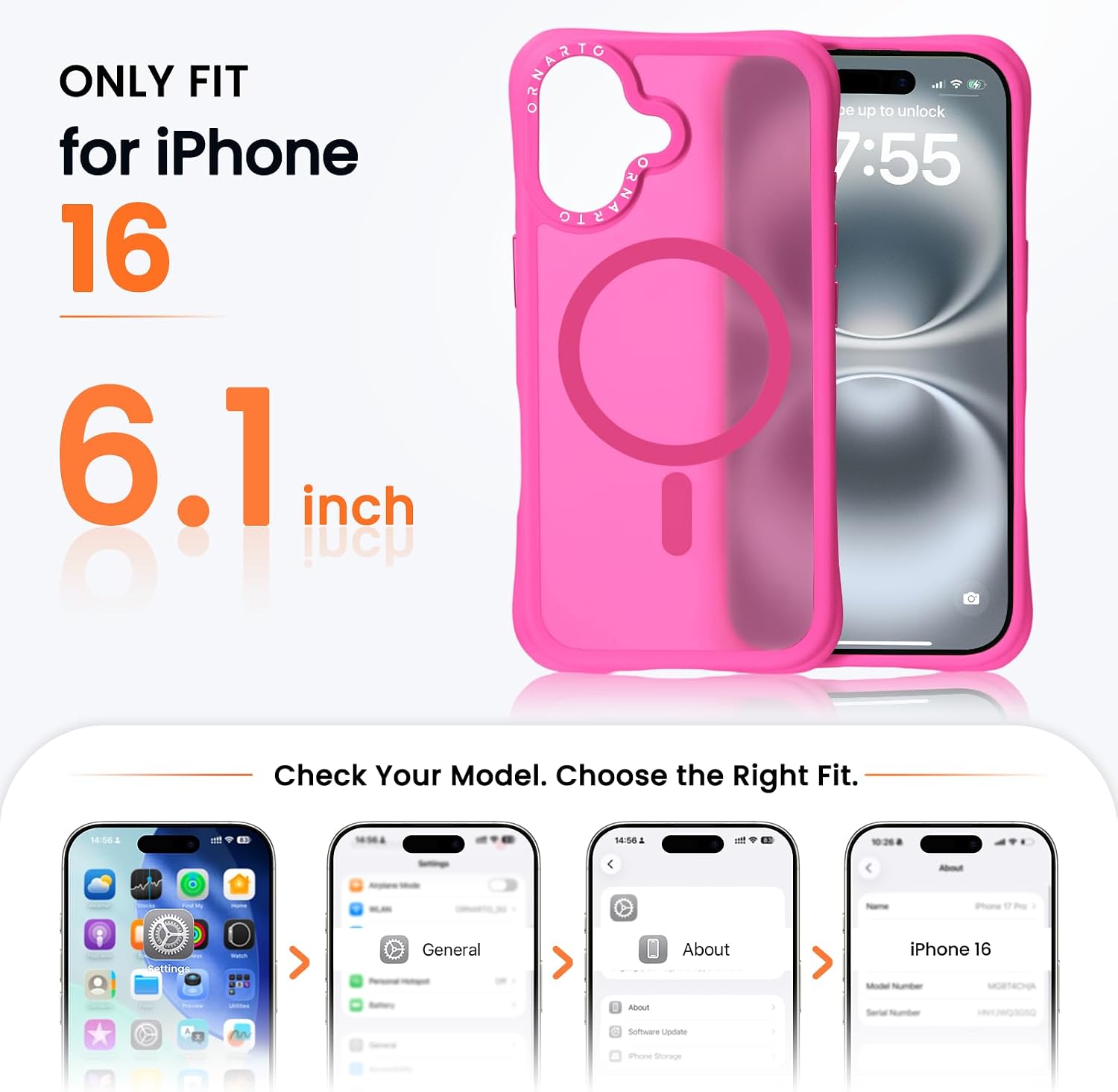 Detalle 2 de ORNARTO iPhone 16 Case, Hot Pink, MagSafe Compatible, 20-Foot Drop Protection