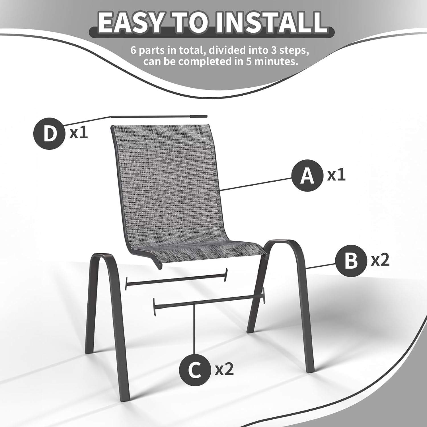 Thumbnail 6 de UDPATIO Set di 4 Sedie da Giardino Impilabili – 62 x 67 x 96 cm, schienale alto e braccioli, Tessuto Textilene, struttura in metallo (Grigio)