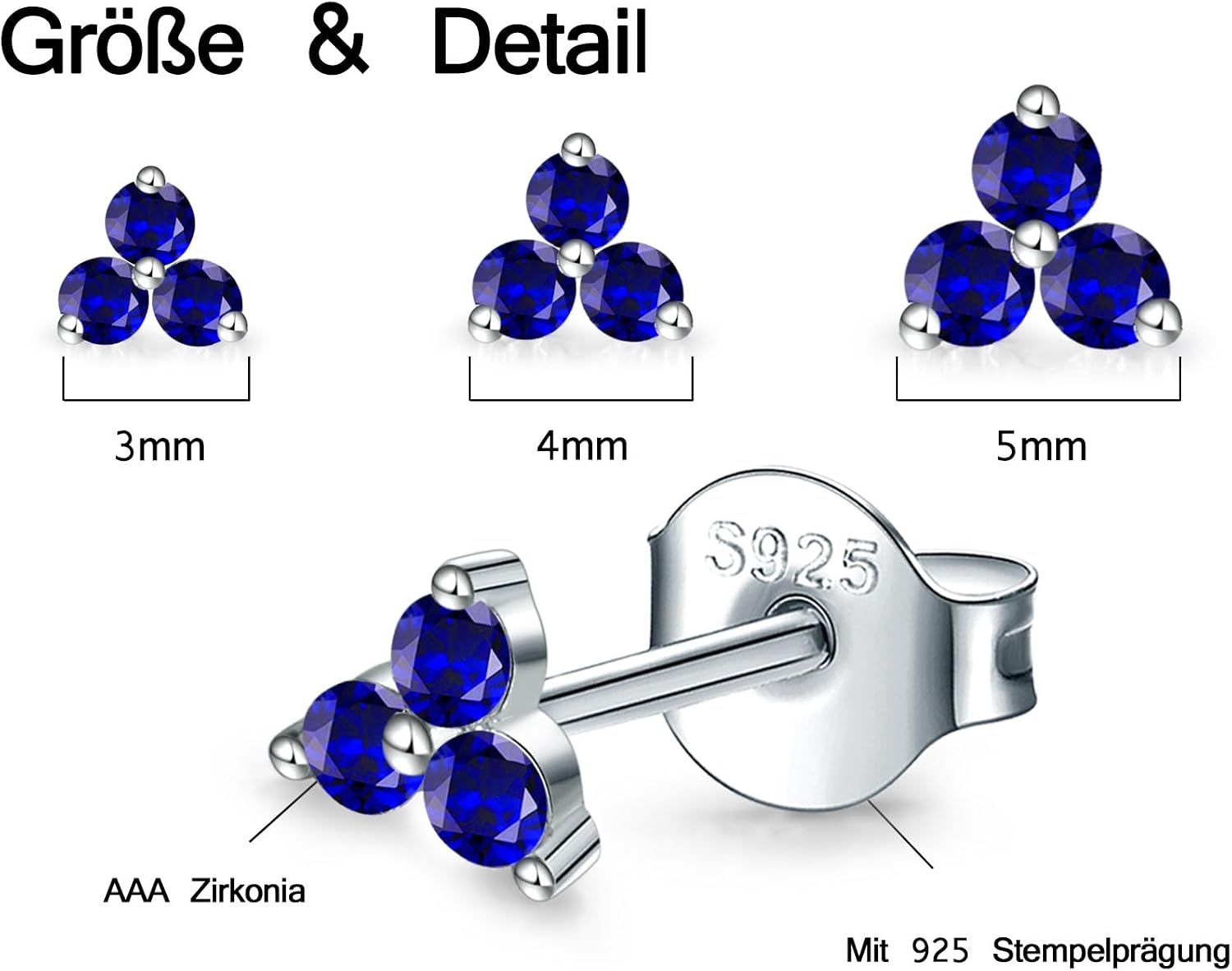 Detalle de MASOP Ohrstecker-Set Silber 925 vergoldet in Gold/Rosegold – 3 Paar mit Zirkonia (3/4/5 mm)