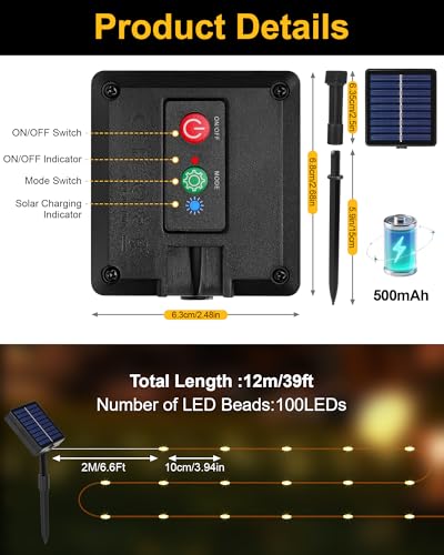 Detalle de Tacobey 2 Pack Guirnaldas Luces Exterior Solar, 20M, 200 LED – 8 Modos, Temporizador y Cables de Cobre (Blanco Cálido)