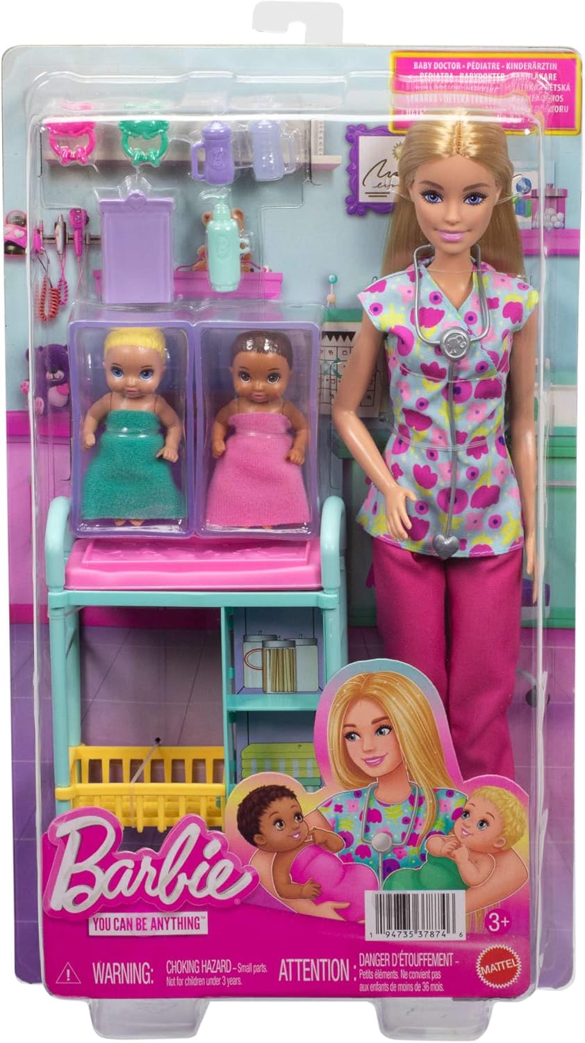 Detalle de Barbie Carriere Pediatra JMK12: set gioco con bambola bionda, neonati e lettino per visite