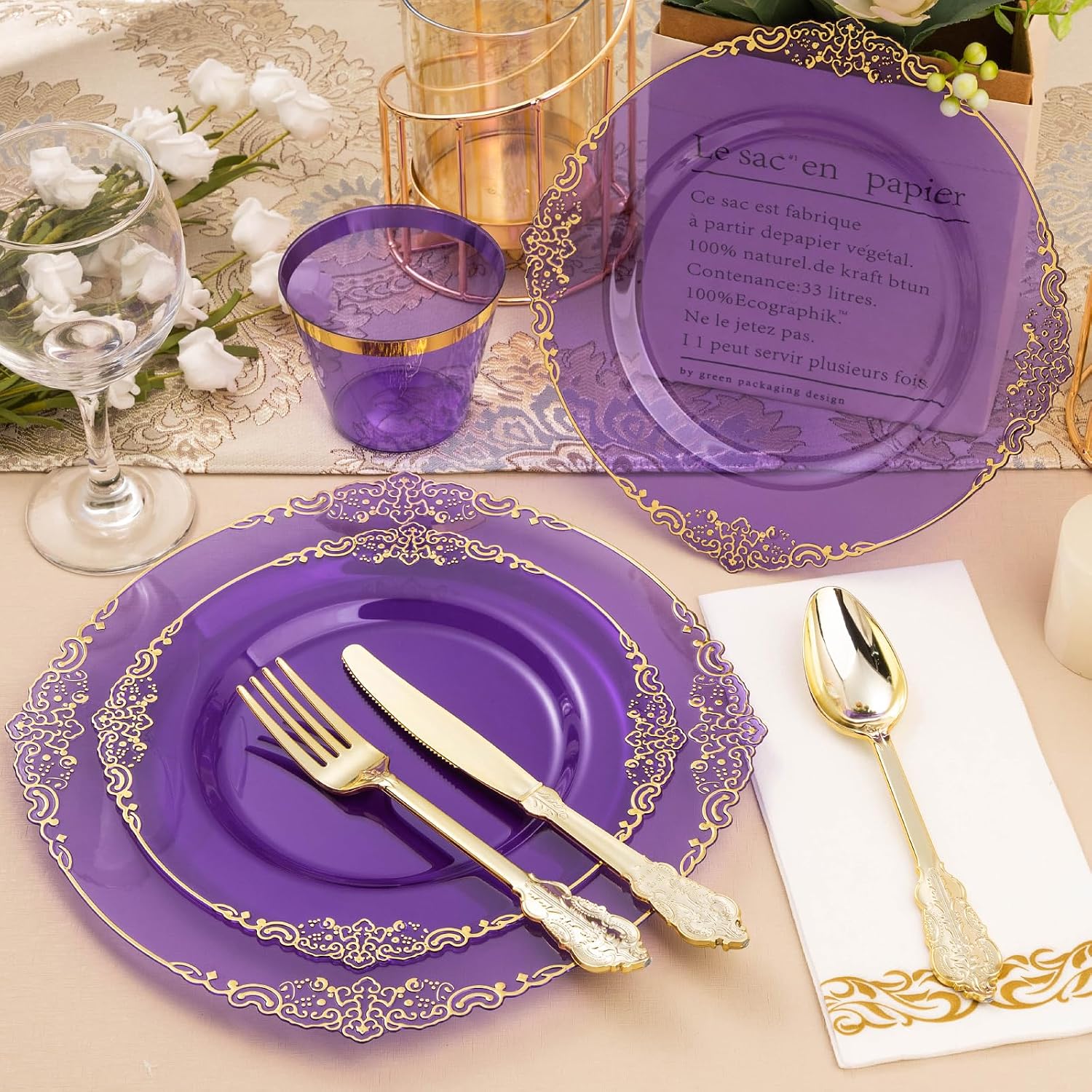 Thumbnail 4 de Bestluck 350PCS Clear Purple Plastic Plates Set for 50 Guests with Gold Trim