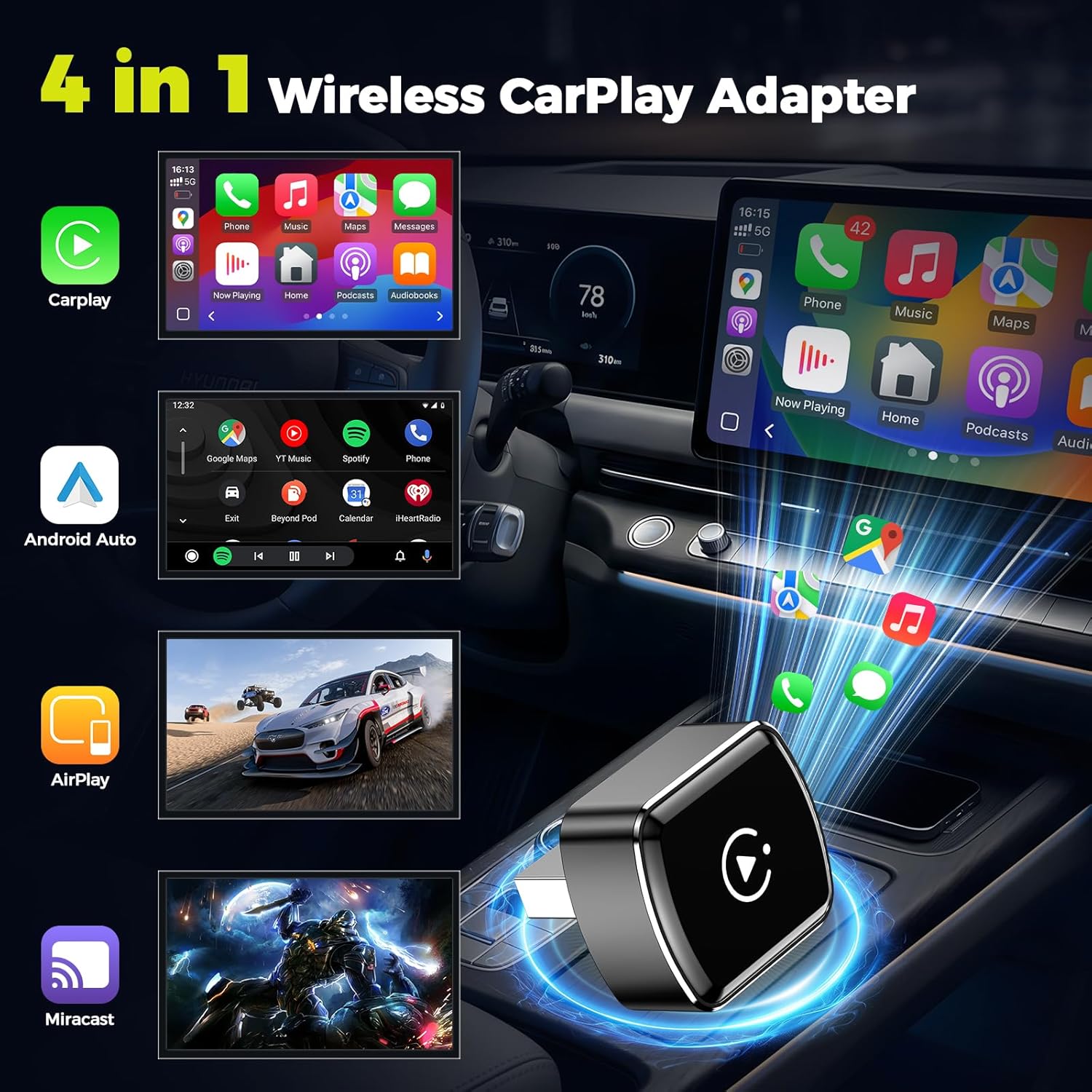 Detalle de LAMTTO Wireless CarPlay Adapter – Kabellose CarPlay- und Android Auto-Erweiterung für 2016+ Fahrzeuge