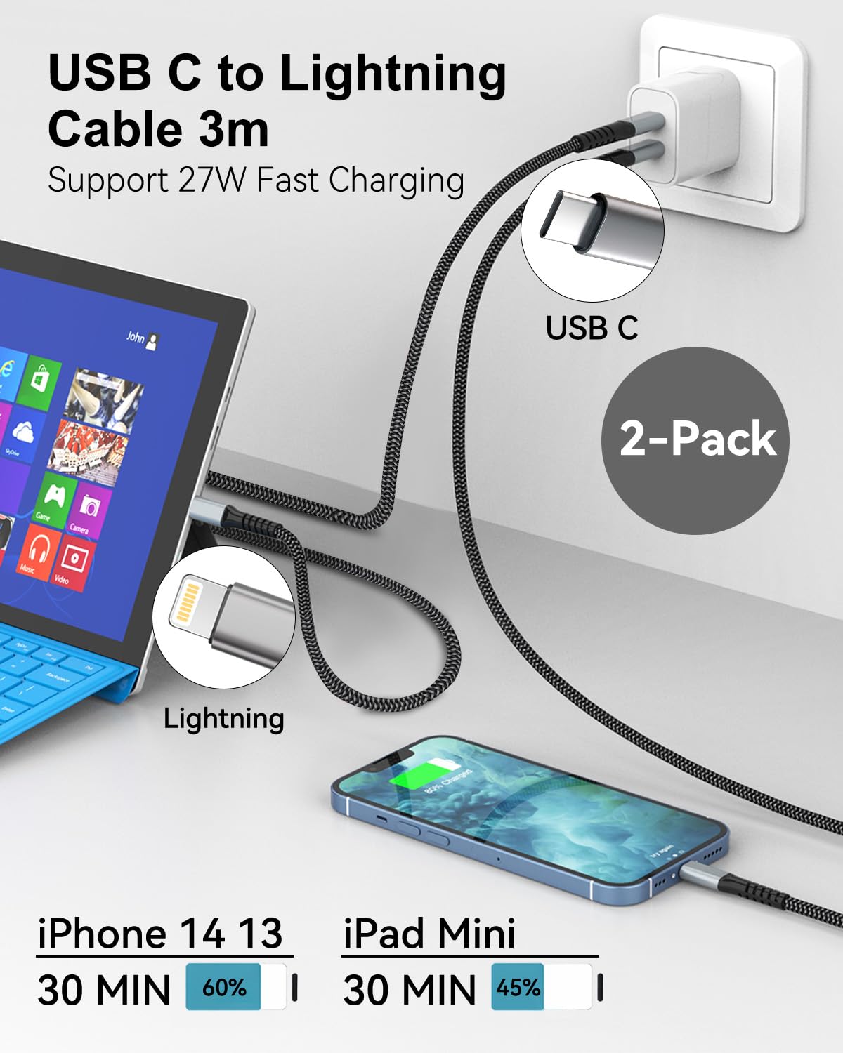 Thumbnail 1 de Câble USB-C vers Lightning 3 m MFi, nylon tressé (charge rapide & transfert jusqu’à 480 Mbit/s) pour iPhone iPad