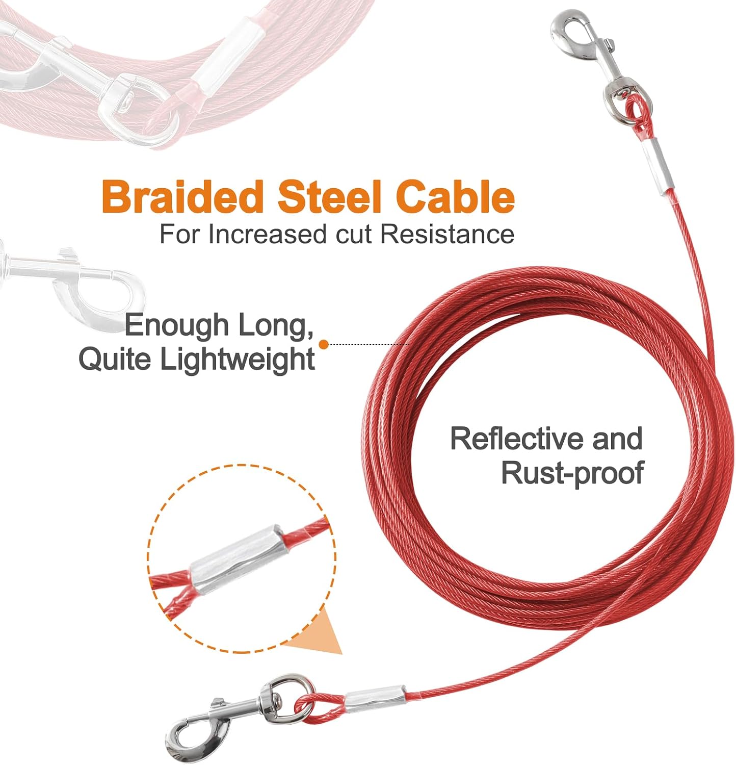 Detalle 2 de Mi Metty Dog Tie Out Cable (Chew Proof) with 360° Swivel Hooks, Red, 50ft (15m) — for small dogs up to 60lbs