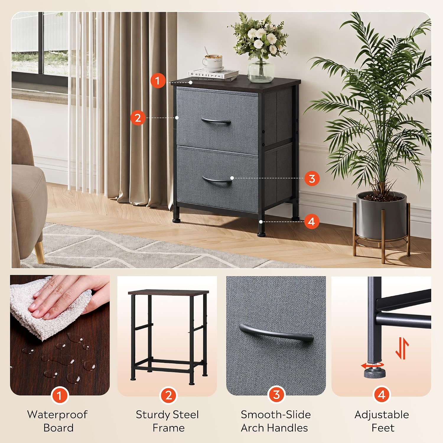 Thumbnail 4 de WLIVE Nightstand 2-Drawer Bedside Table