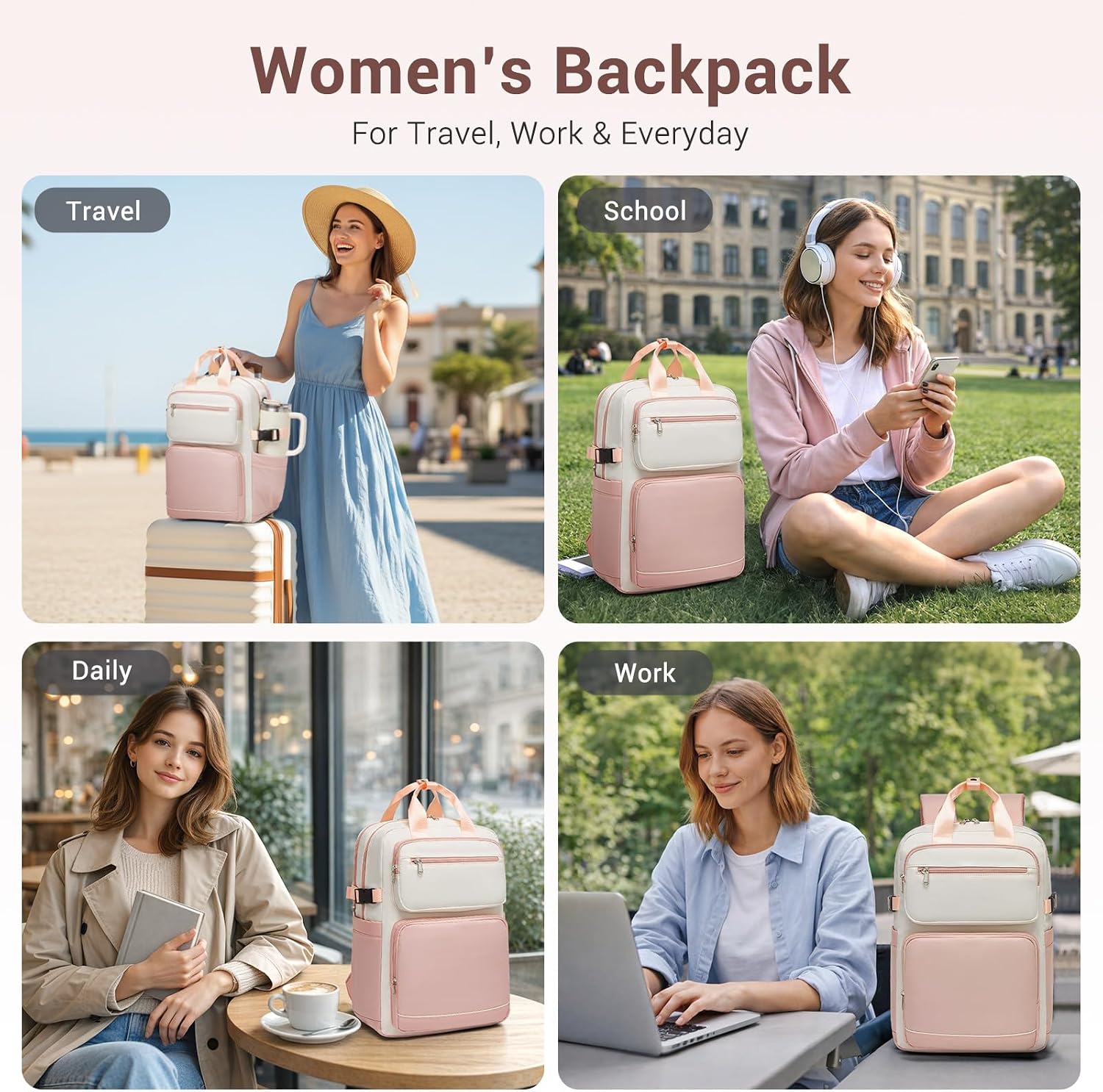 Detalle de Kono Laptop Backpack Women’s with Pouch Pocket for 15.6in Laptop – Practical Work, School and Travel Bag