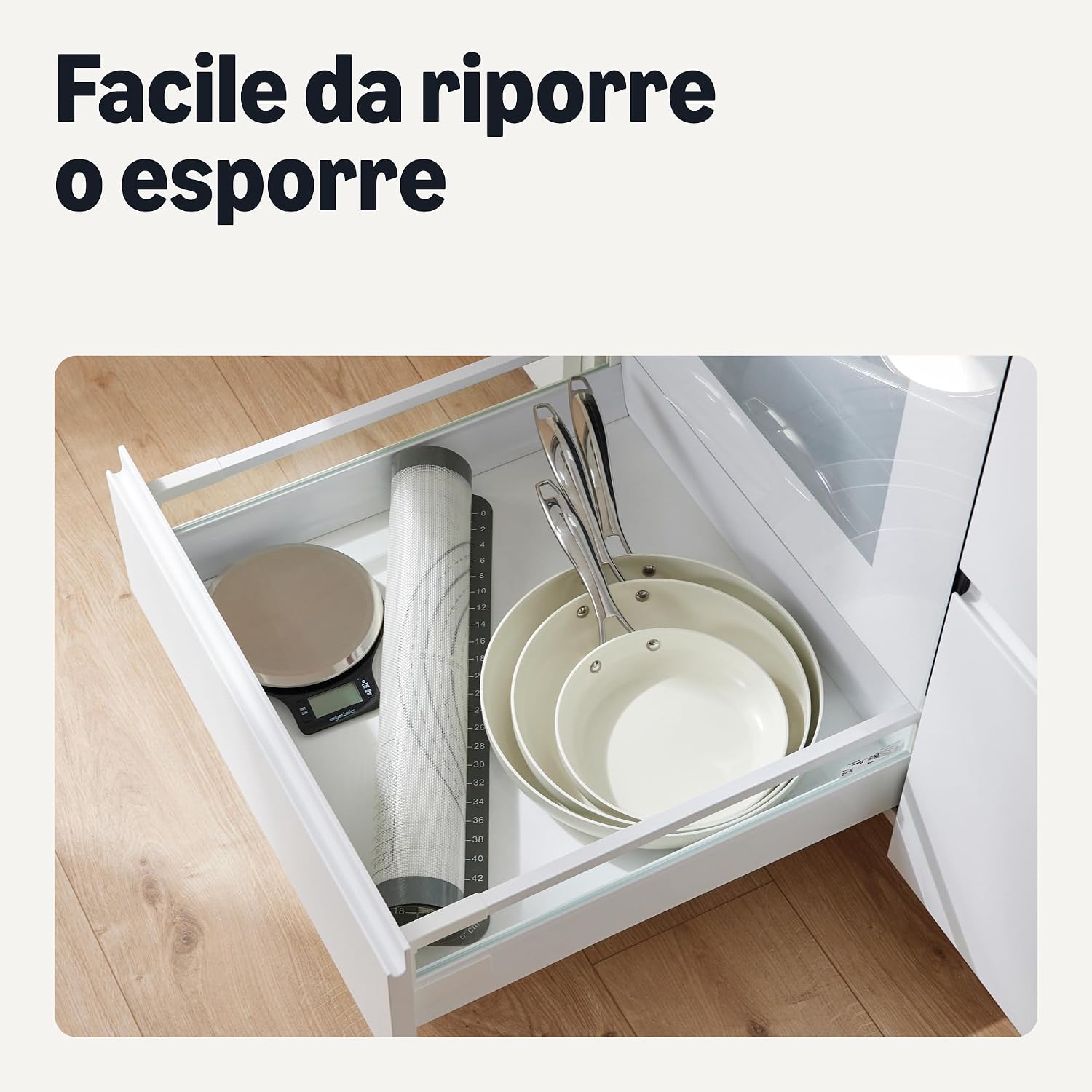 Detalle de Amazon Basics Padelle Antiaderenti in Ceramica, Set 3 Pezzi (20/26/30 cm) — Avorio