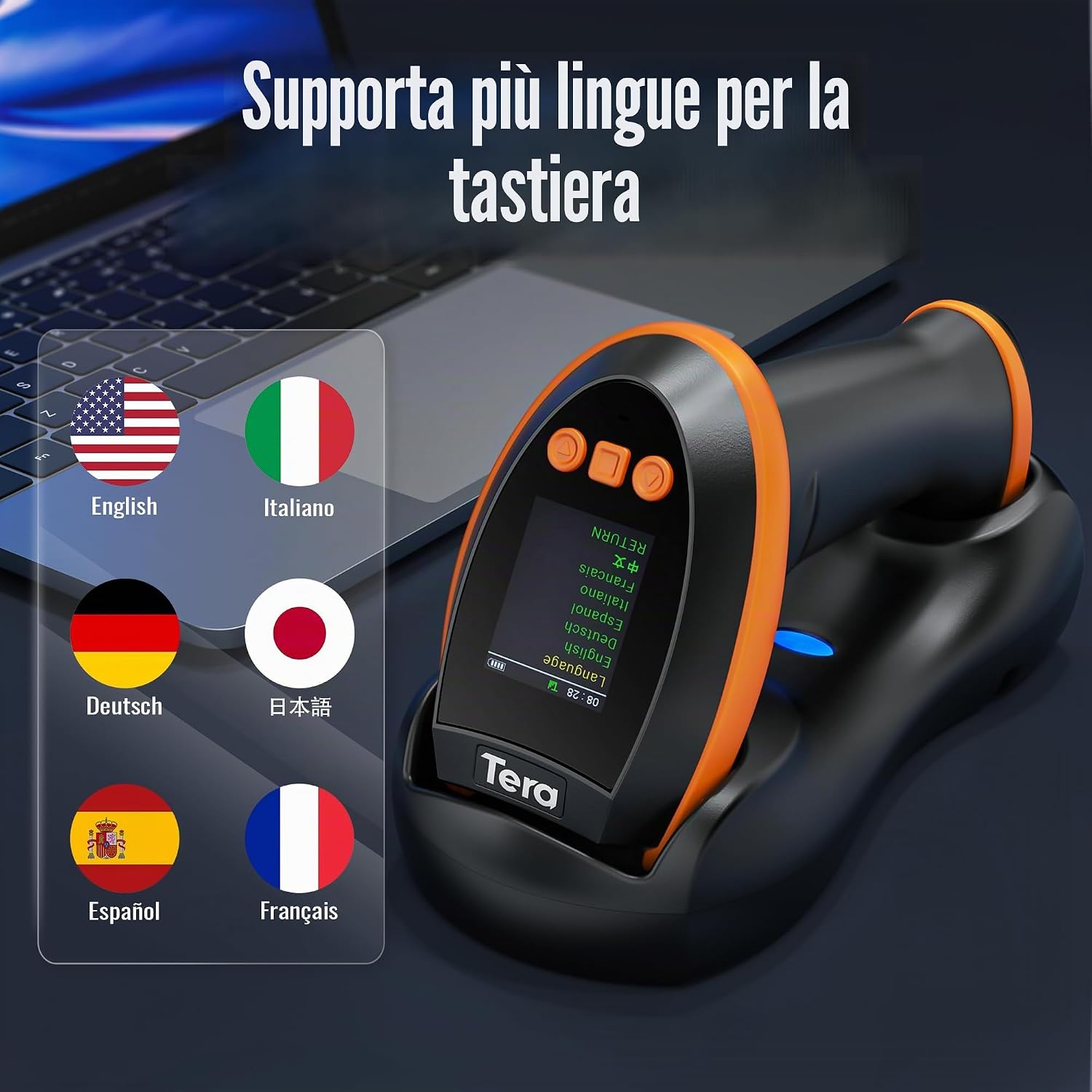 Detalle de Tera Barcode Scanner 2D HW0009: lettore wireless con display, 3 tasti e base di ricarica