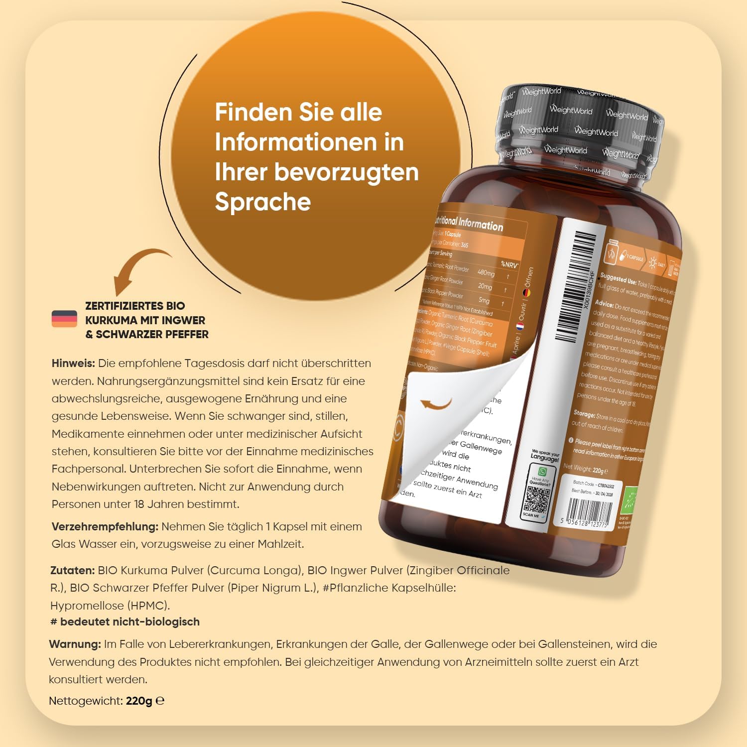 Detalle 2 de WeightWorld Bio Kurkuma Kapseln – Curcuma mit Ingwer & Pfeffer, 365 Kapseln, 1 Jahresvorrat, Bio, Vegan & lactosefrei