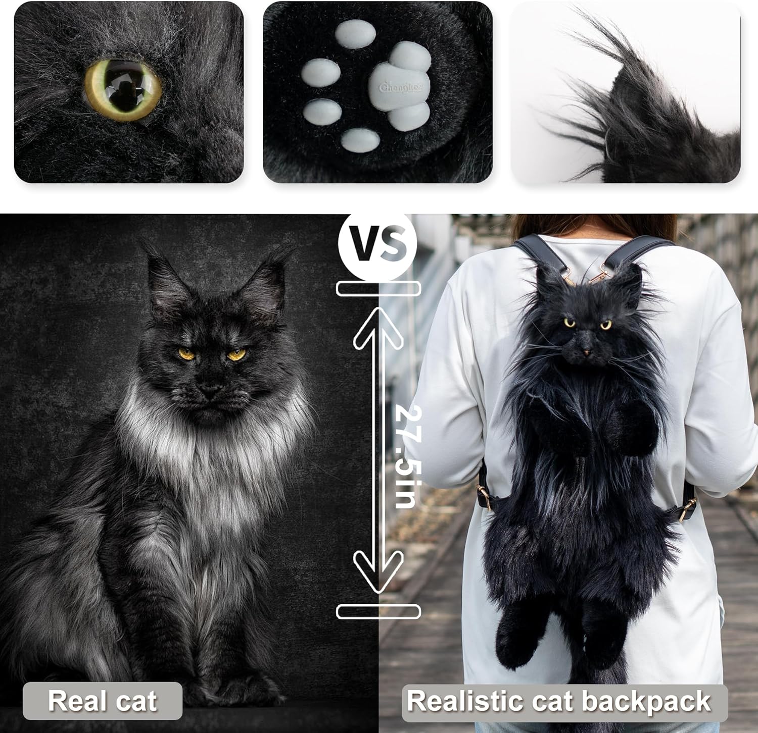 Detalle de Chongker Plüschtier Katze Rucksack – Realistische Katzenform, handgefertigt