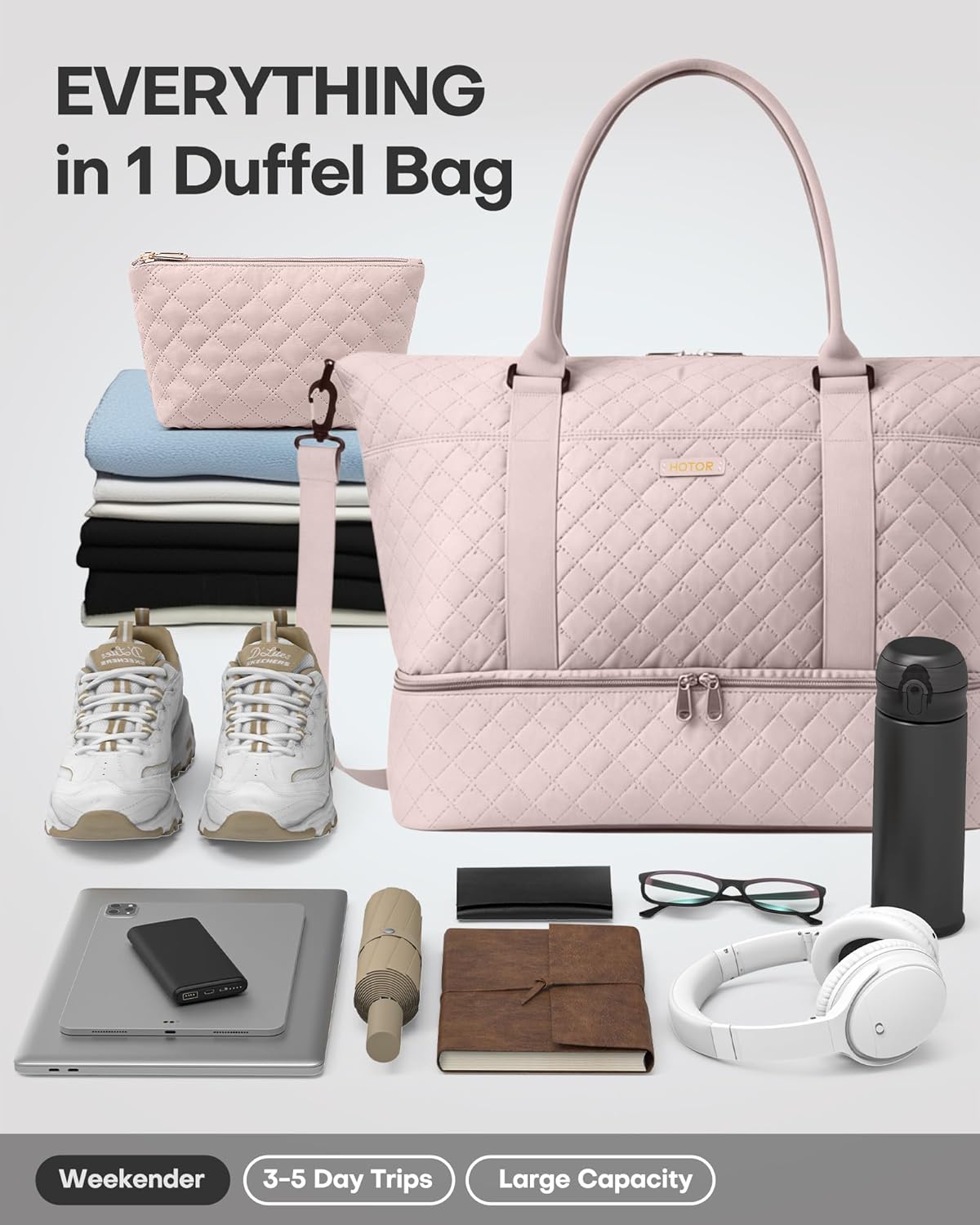 Detalle de HOTOR Women’s Lightweight Travel Holdall Bag with Shoe Compartment & Toiletry Pouch (Pink) – 34 x 45 x 20 cm