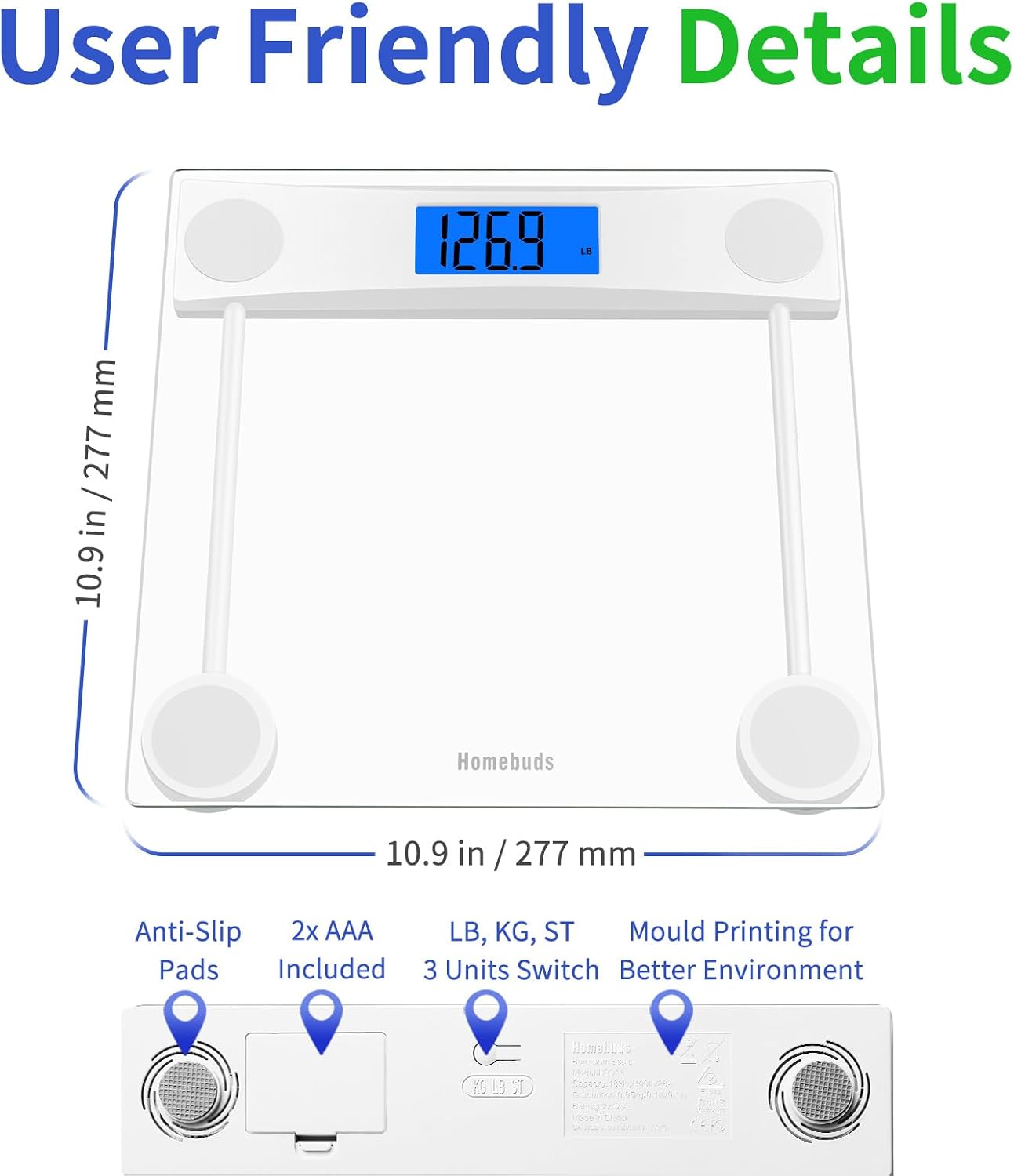 Thumbnail 3 de Homebuds Bathroom Scales for Body Weight – High Precision with Blue Backlit Display (4 00 lb / 182 kg)