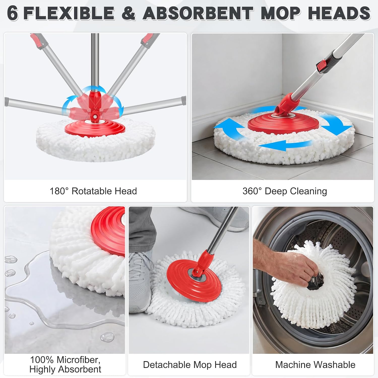 Detalle de Sarkunpio Mop and Bucket Set with Wringer: 61-Inch Spin Mop System with 6 Microfiber Heads