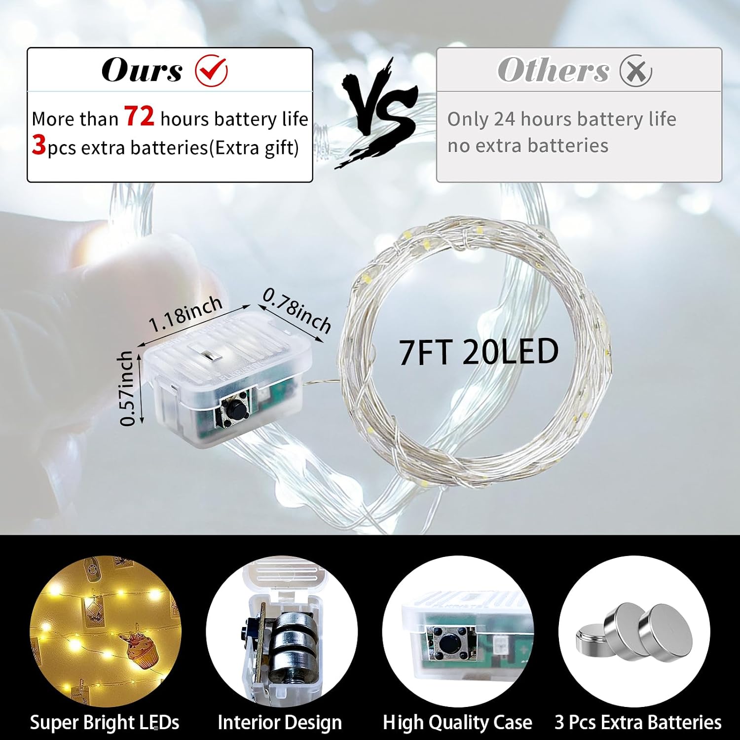 Detalle 2 de chzk D11-UG-V8A4 Fairy Lights, 12-Pack, White LEDs, 7 ft, 3 Modes
