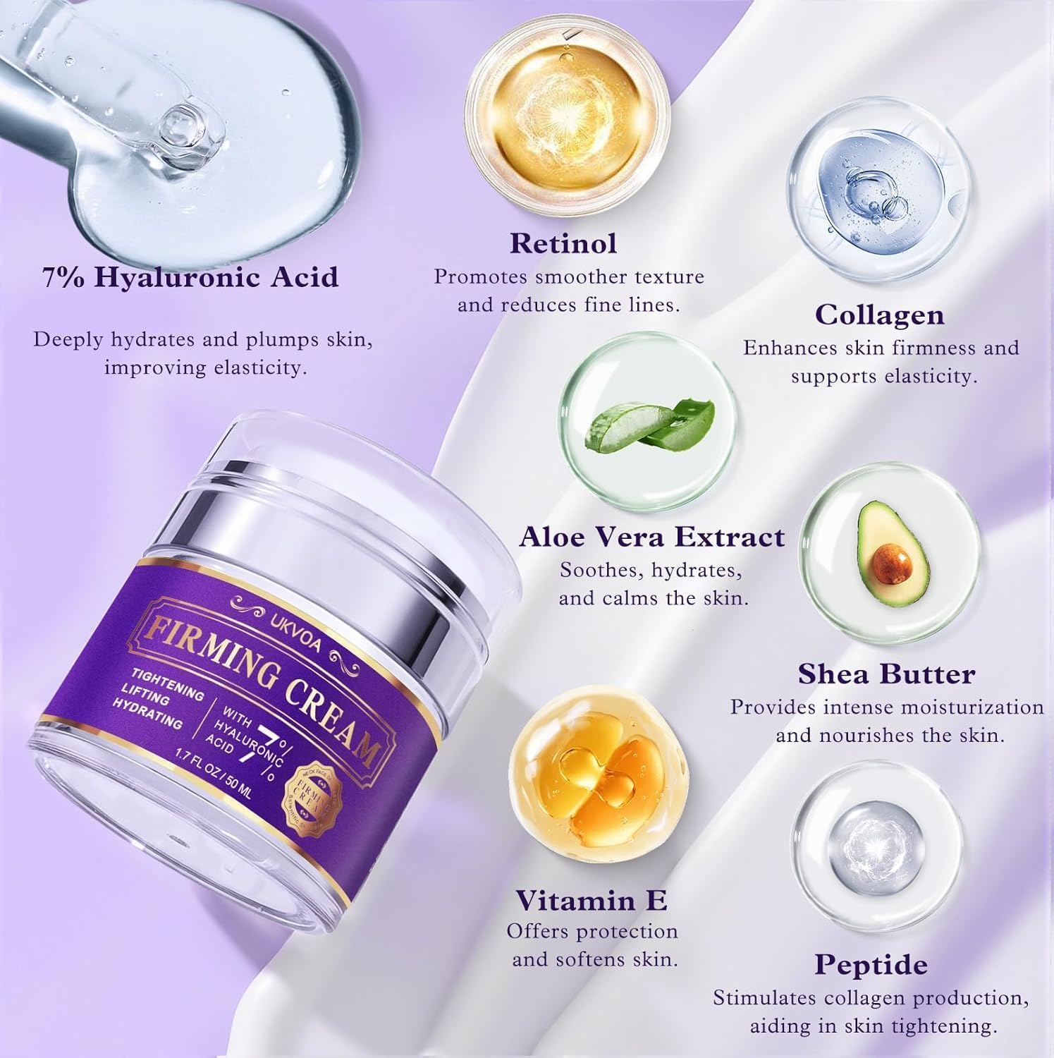 Detalle 2 de UKVOA Retinol Wrinkle Cream for Face & Neck with Collagen, Hyaluronic Acid, 2-Pack