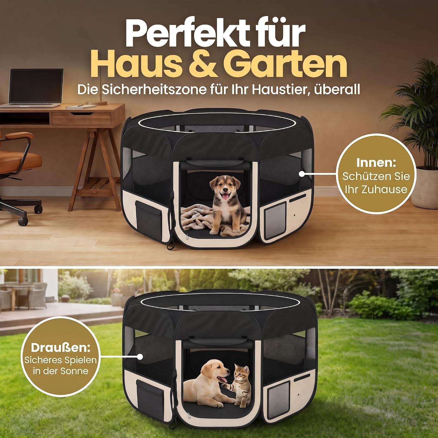 Detalle 2 de all Pets United Welpen-Laufstall / Tierlaufstall XXL für drinnen & draußen (Schwarz-Beige)