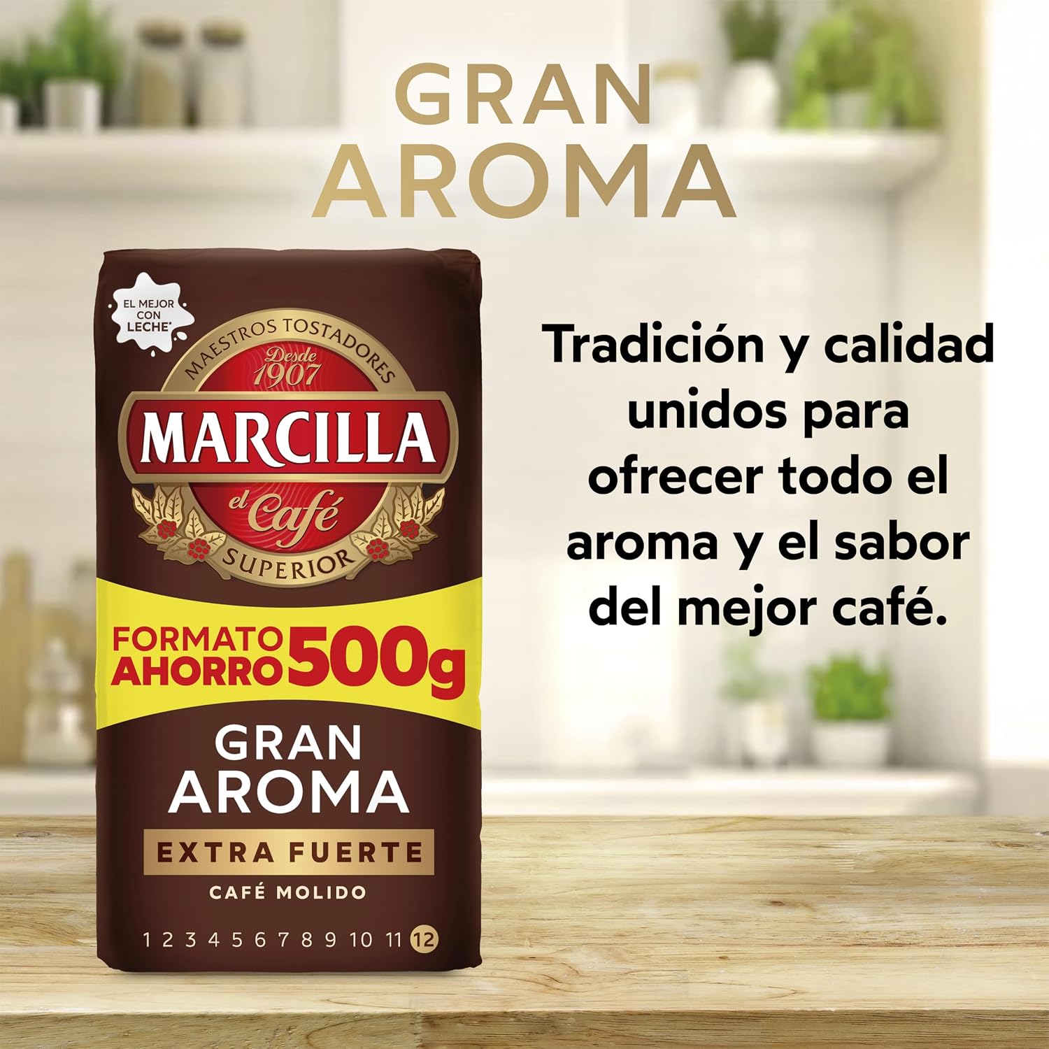Detalle de Marcilla Café Molido Extra Fuerte 500 g, Intensidad 12. Ideal para cafetera italiana, filtro o pistón