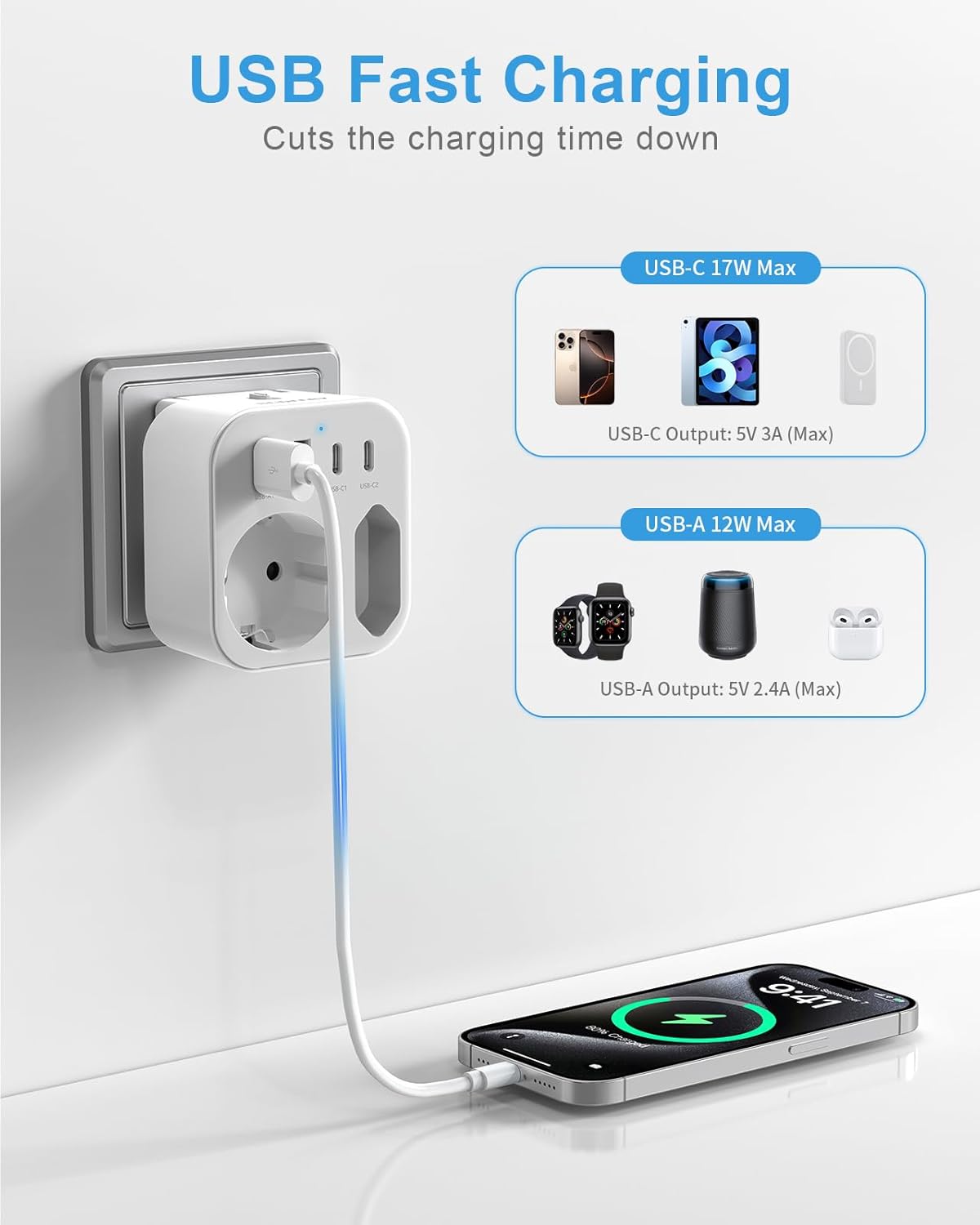 Thumbnail 5 de Reiseadapter Weltweit 6-in-1 Reiseadapter mit USB-C & USB-A (5 Stecker, 5 Länder-Steckertypen)