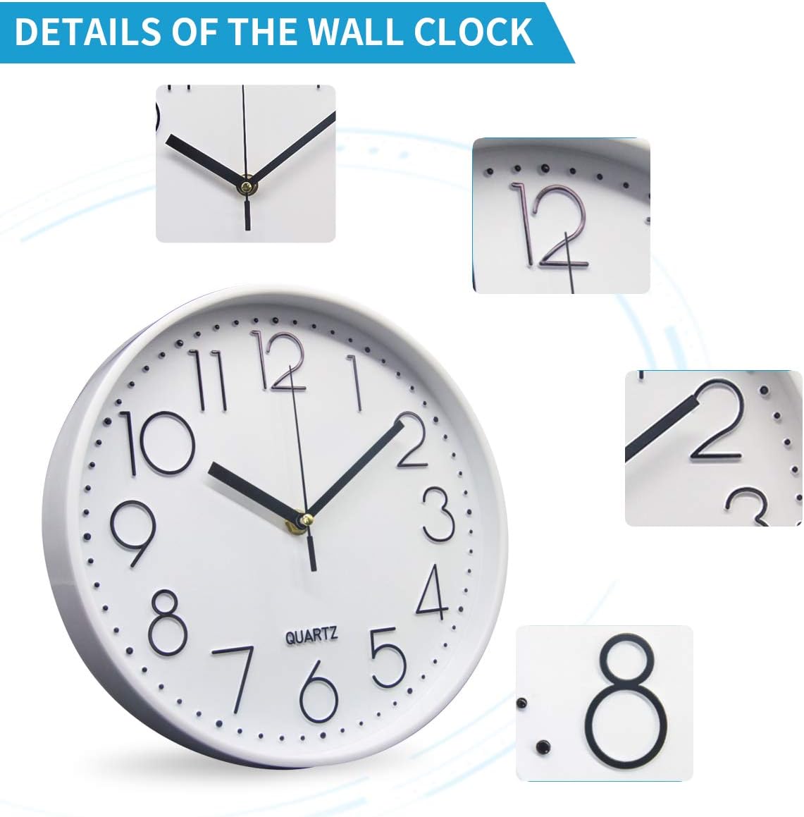 Detalle de Delgeo Modern Silent Wall Clock 25-30cm – Minimalist White/Silver Timepiece for Living Room or Kitchen
