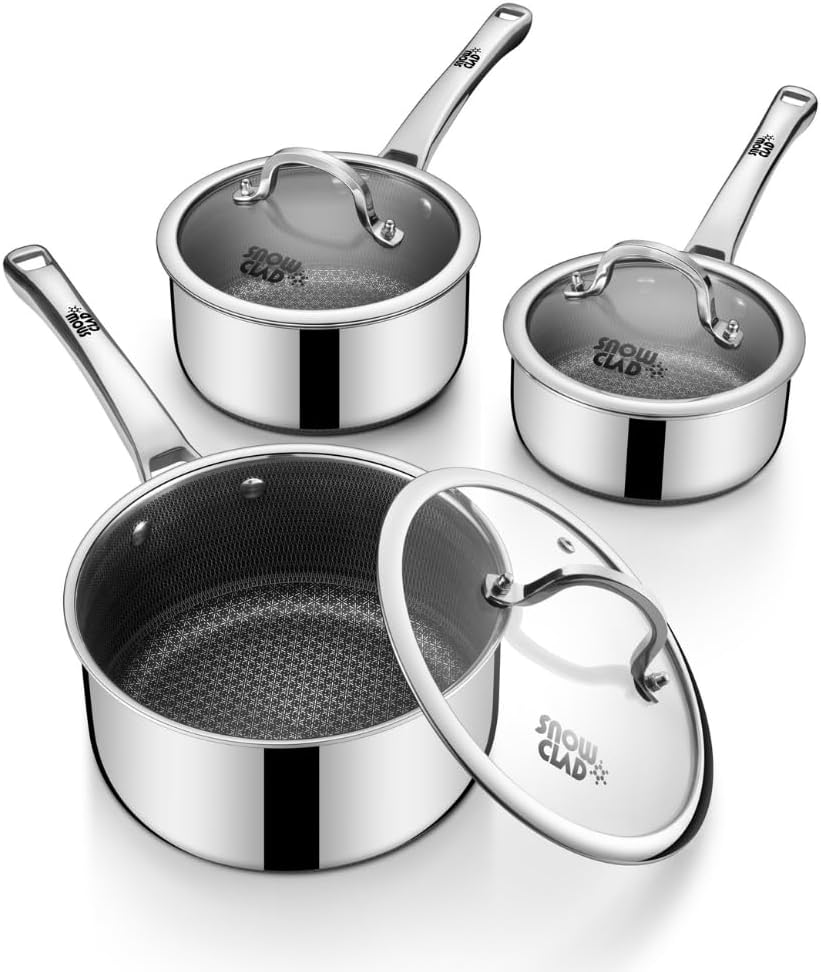 Sauce pan set (1.5, 2.5, 3.5 Quart) with lids – Hybrid nonstick stainless steel, PFOA-free