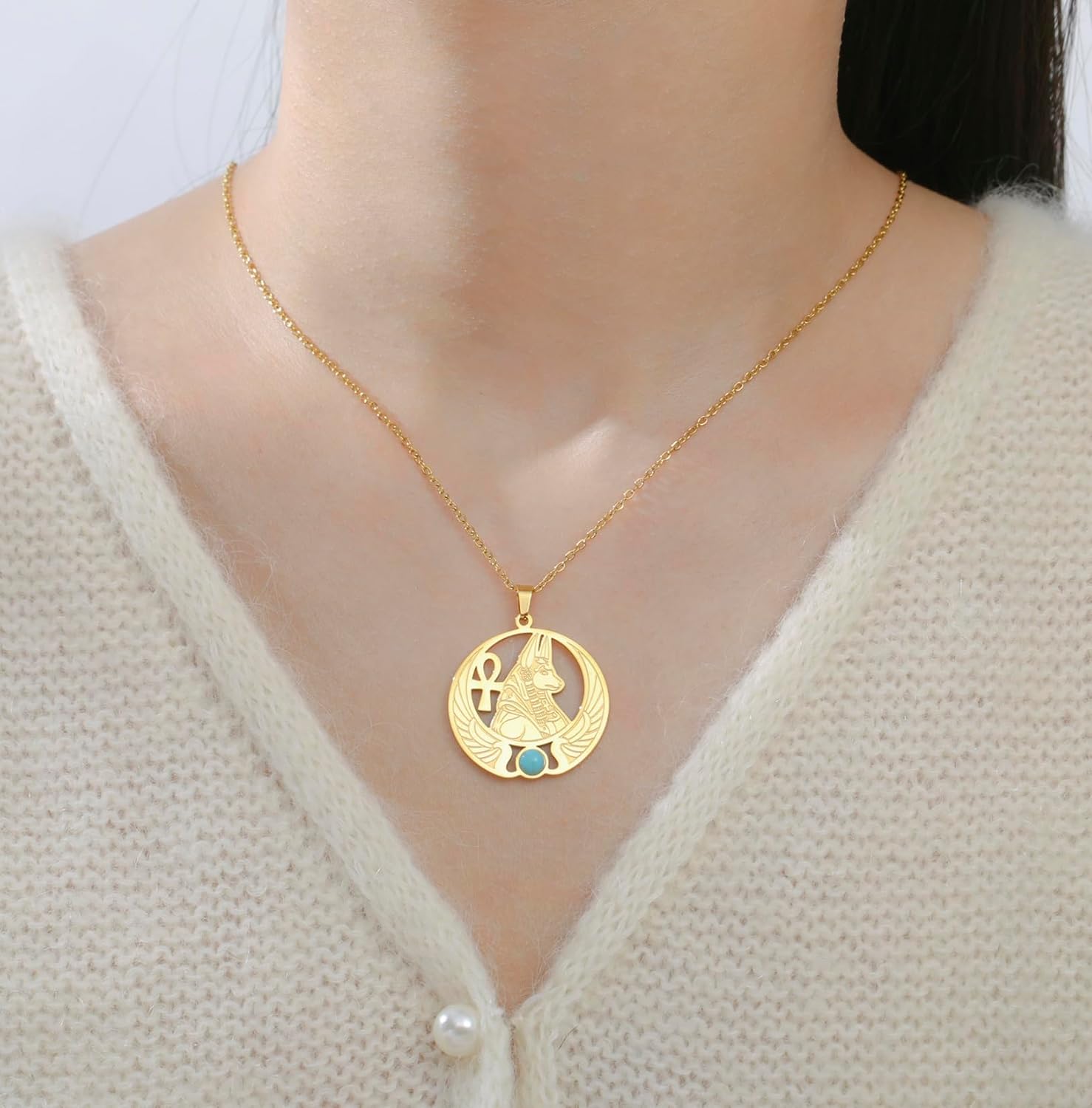 Thumbnail 1 de EUEAVAN Ägyptische Anubis-Halskette – Ankh-Kreuz, Isis & Flügel-Skarabäus Amulett aus Edelstahl
