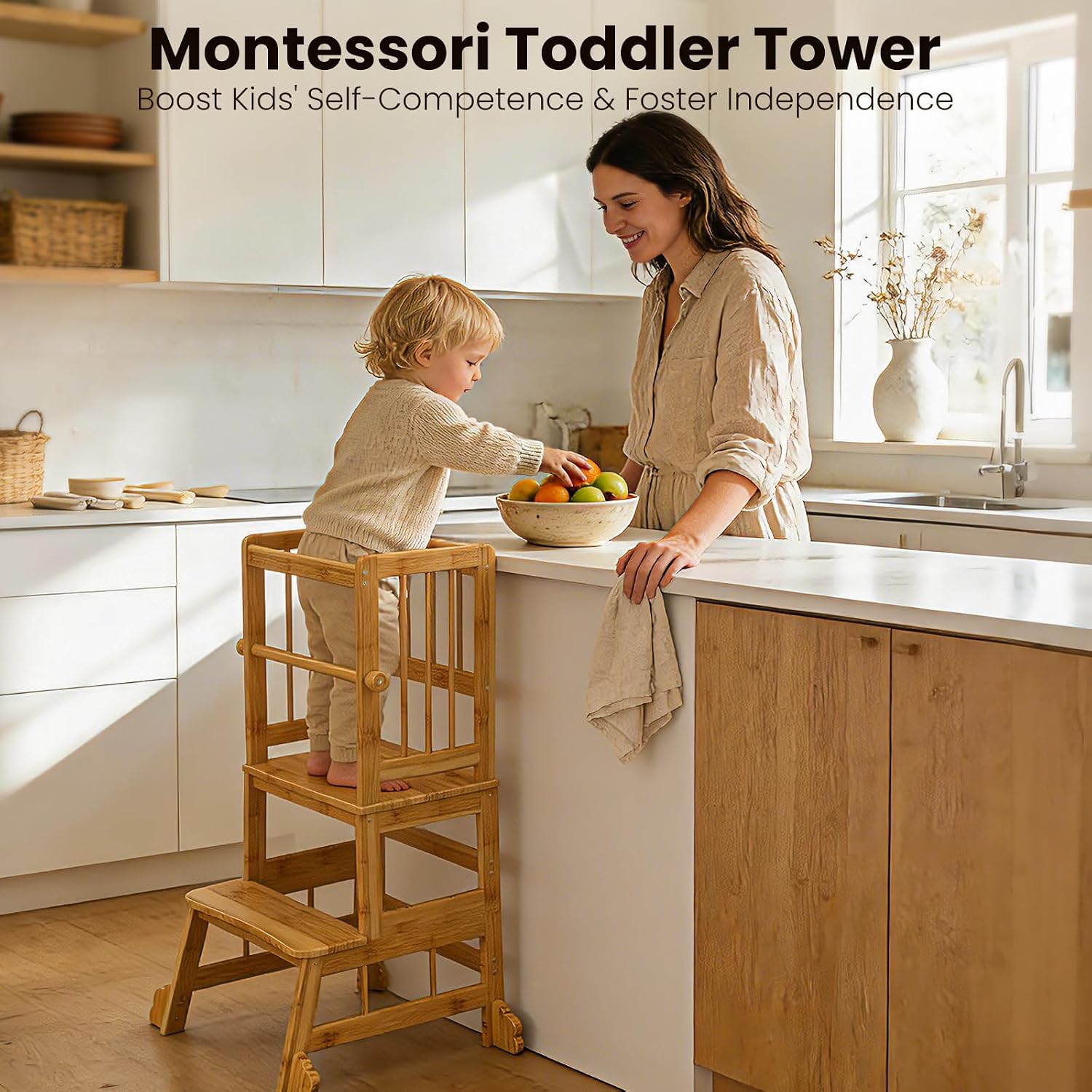 Detalle de HBTower ZL32 Toddler Standing Tower, Bamboo Kitchen Step Stool with Safety Rails