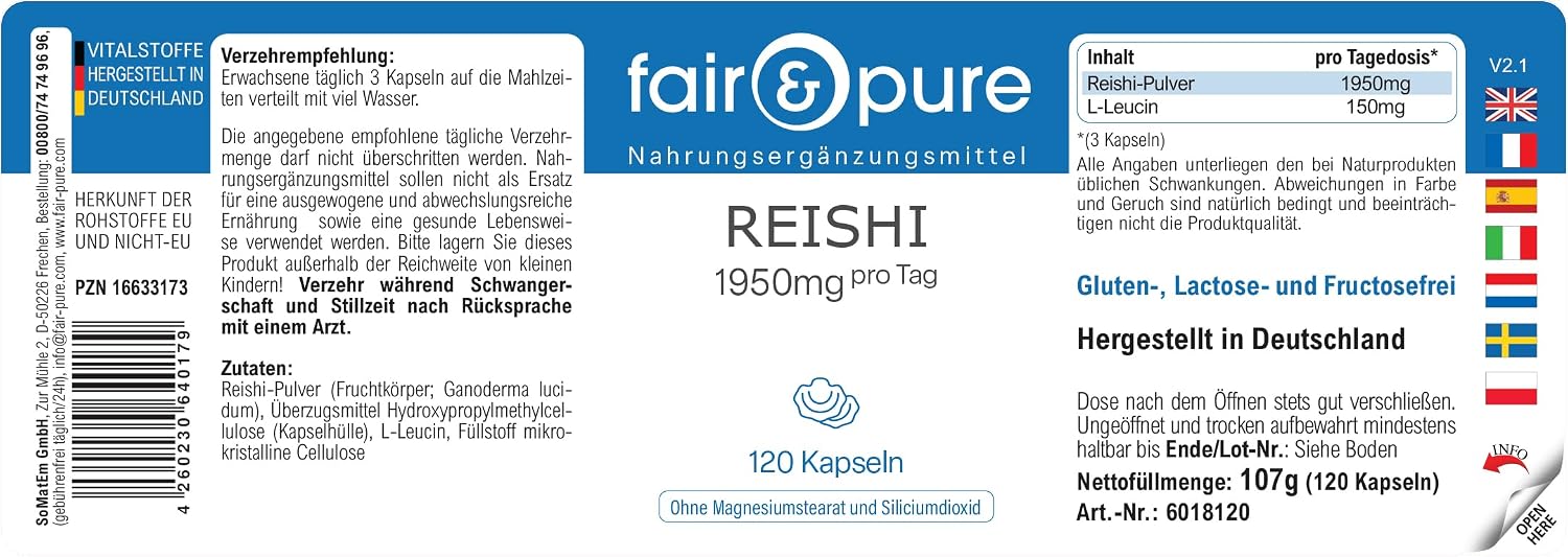 Thumbnail 6 de Fair & Pure Reishi 1950mg pro Tagesdosis – veganes Ganoderma-Lucidum, 120 Kapseln, in Deutschland hergestellt