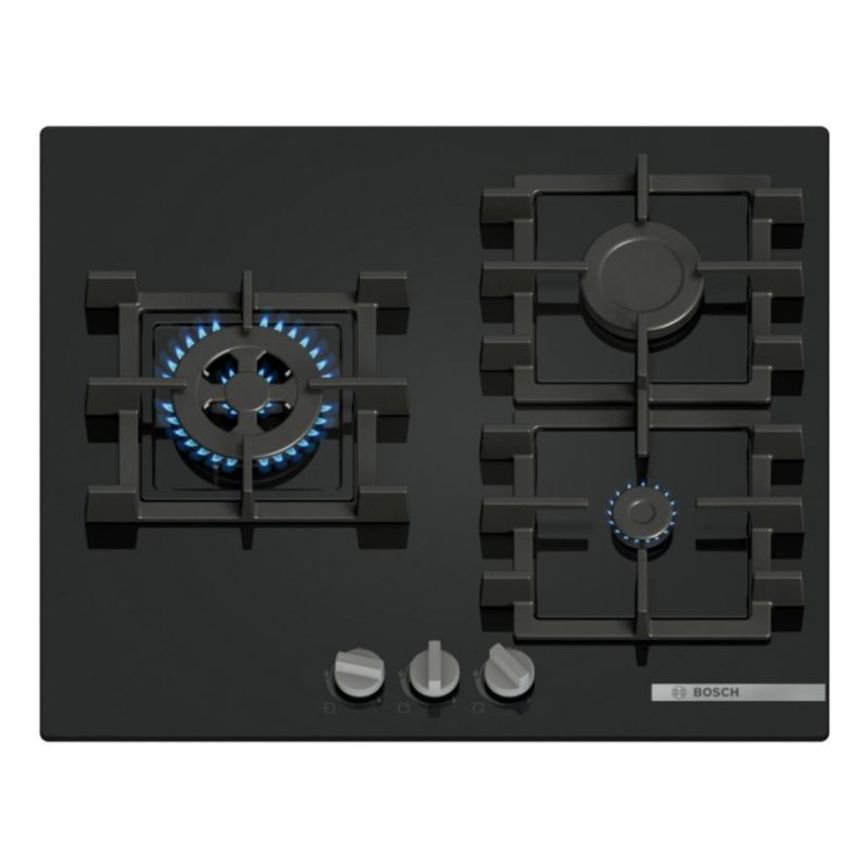 Imagen de Bosch Serie 4 PNC6B6K40: placa de gas de 60 cm con 3 zonas y wok en vidrio negro en OfertitasTOP