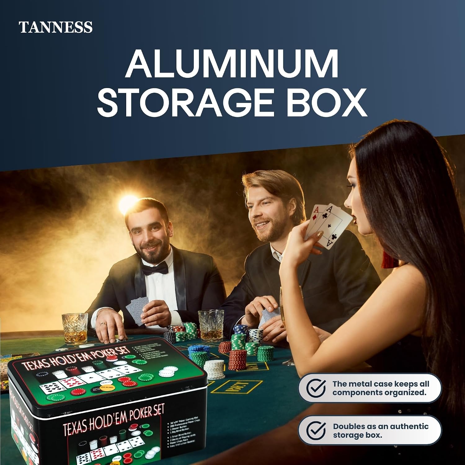 Detalle de Tanness 200 Pcs Poker Set: Casino-Style Chips, Mat & Tin Box for Home Games